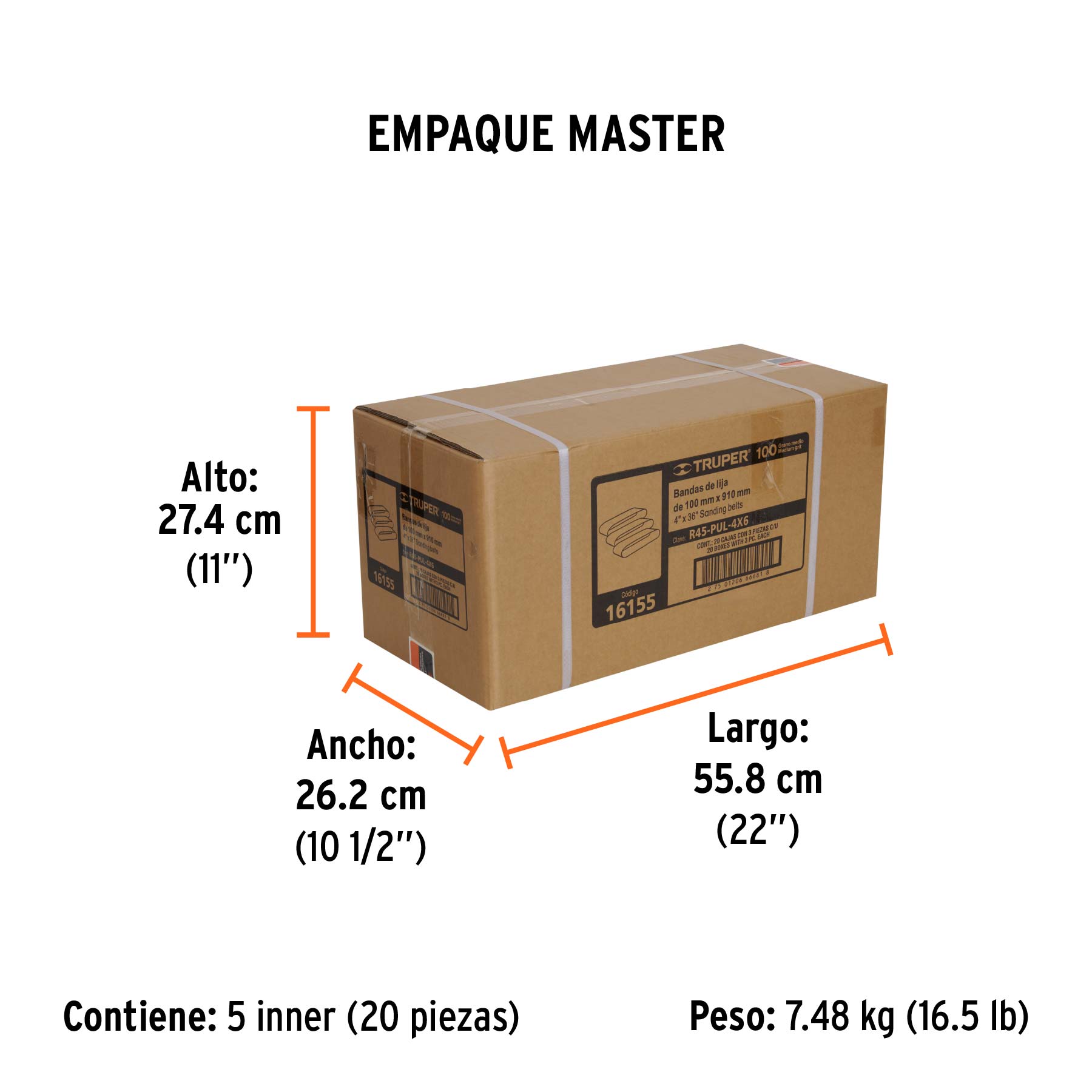 Caja con 3 bandas de lija 4" x 36" grano 100 para PUL-4X6T TRUPER