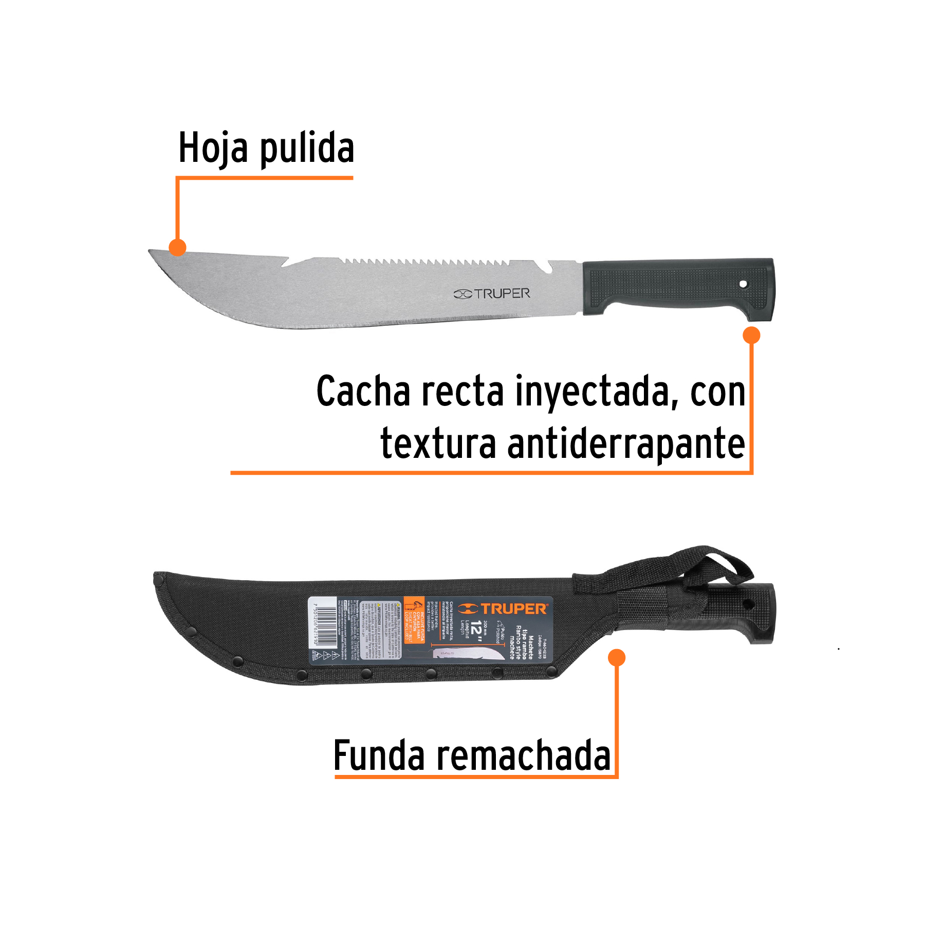 Machete rambo 12", cacha inyectada negra, con funda, TRUPER TRUPER