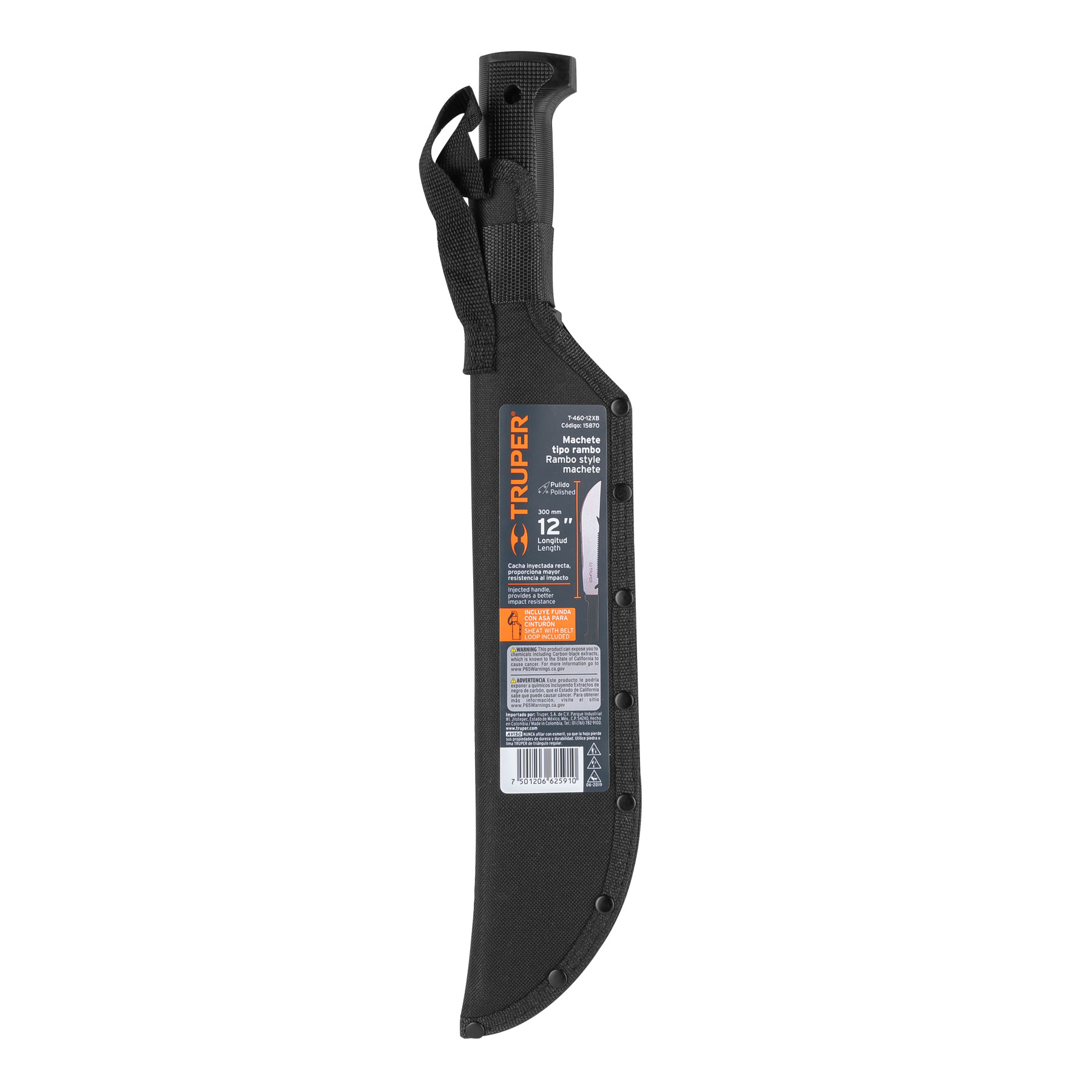 Machete rambo 12", cacha inyectada negra, con funda, TRUPER TRUPER