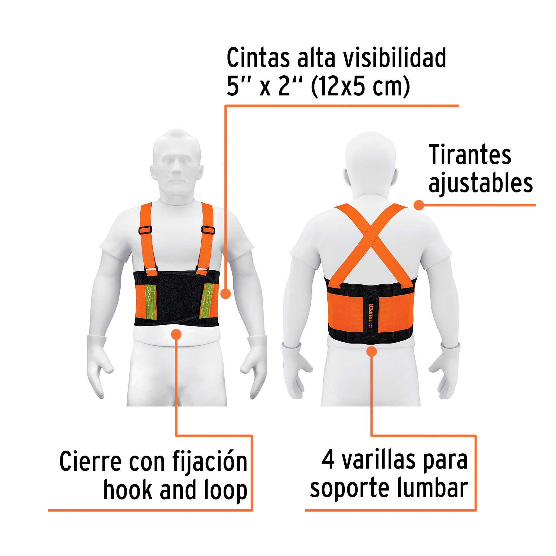 Faja lumbar naranja con cintas de alta visibilidad,M,TRUPER TRUPER