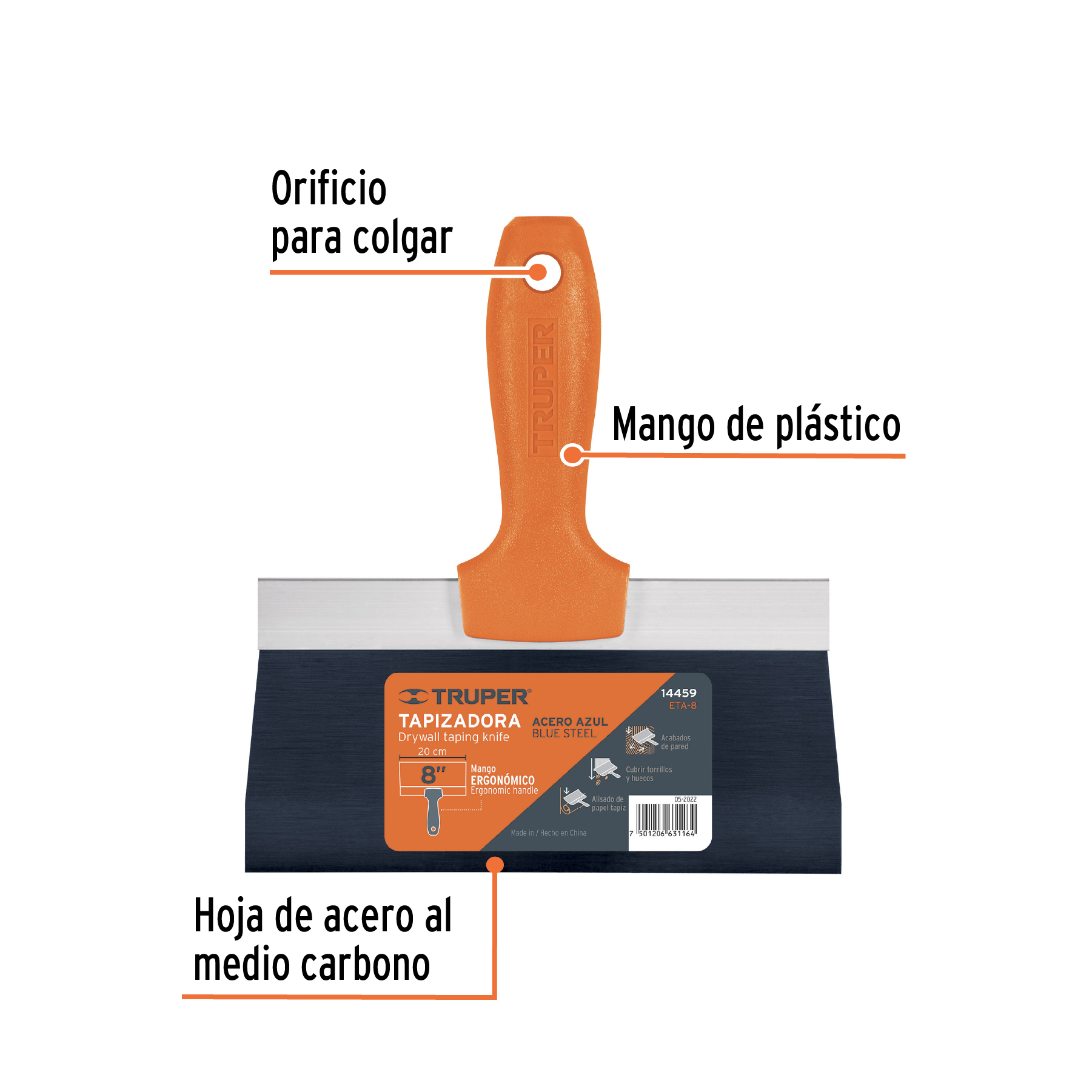 Espátula tapizadora de 8" acero al medio carbono, TRUPER TRUPER