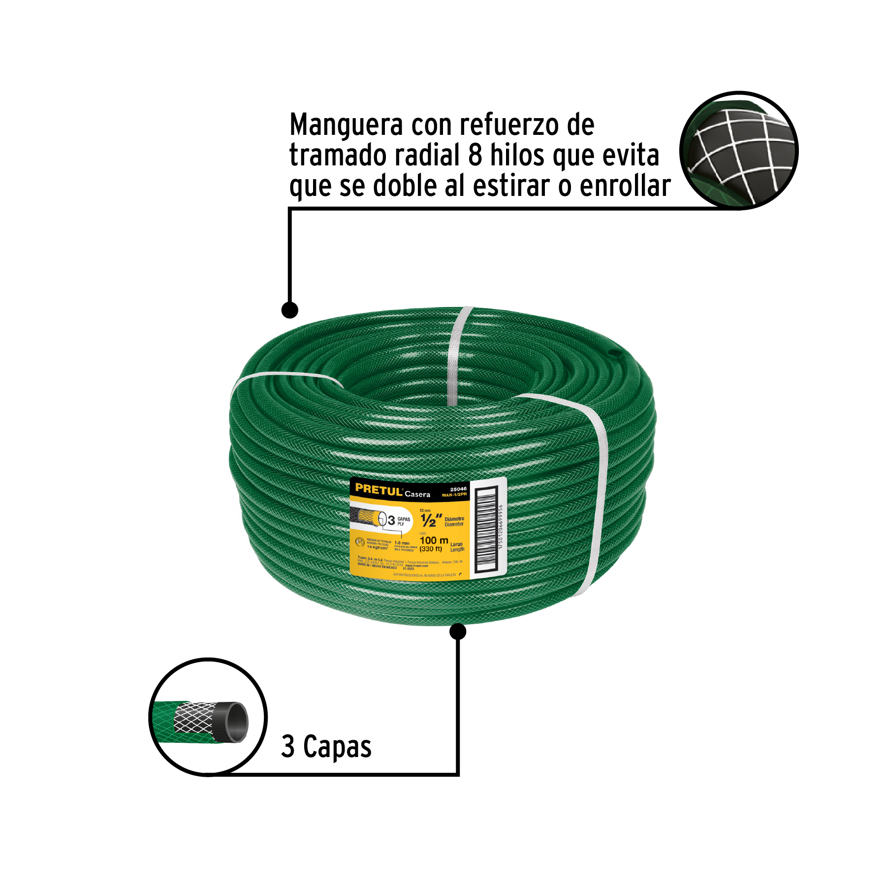 Metro de manguera 1/2" 3 capas en rollo de 100 m, PRETUL TRUPER