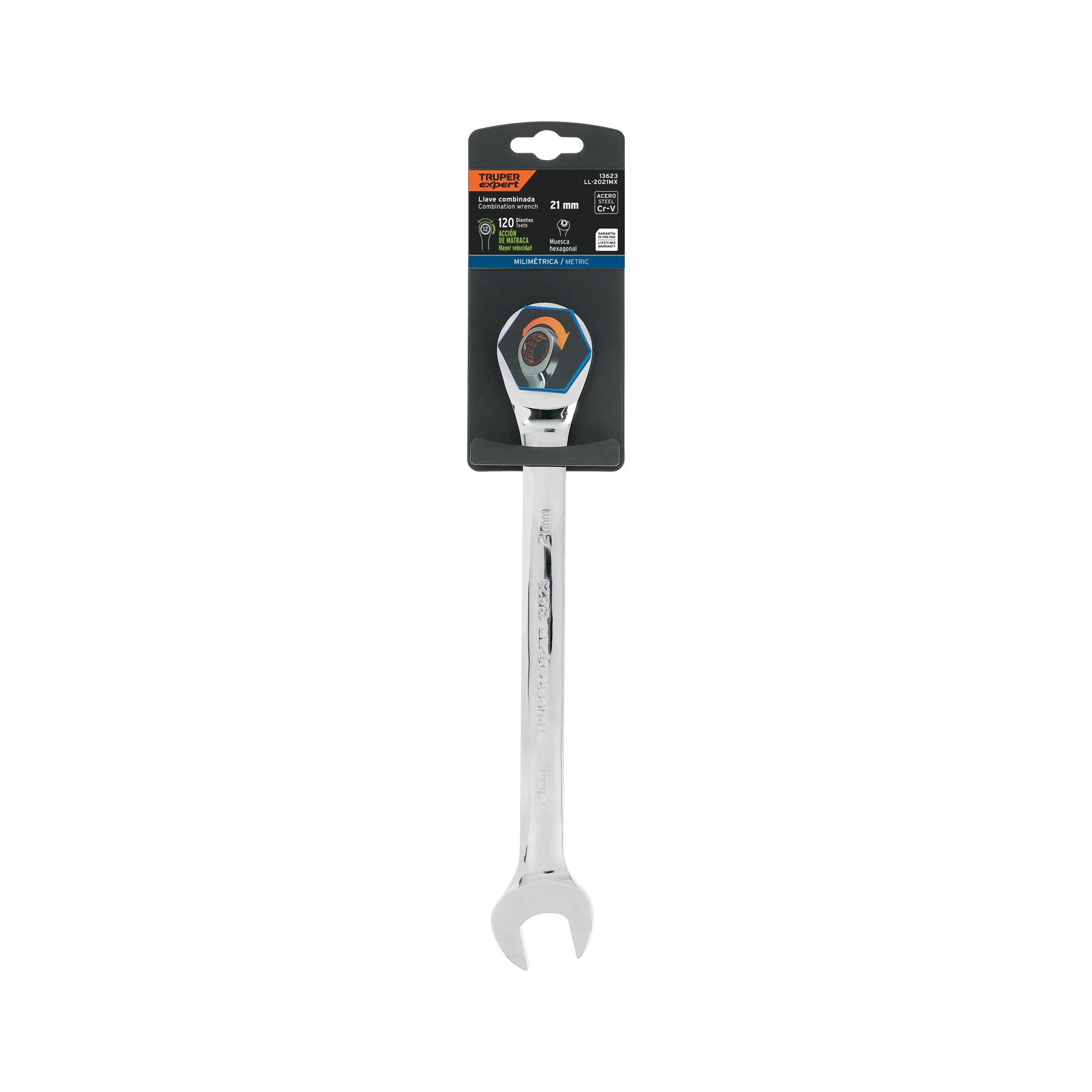 Llave combinada con matraca 21 mm x 278 mm largo, EXPERT TRUPER