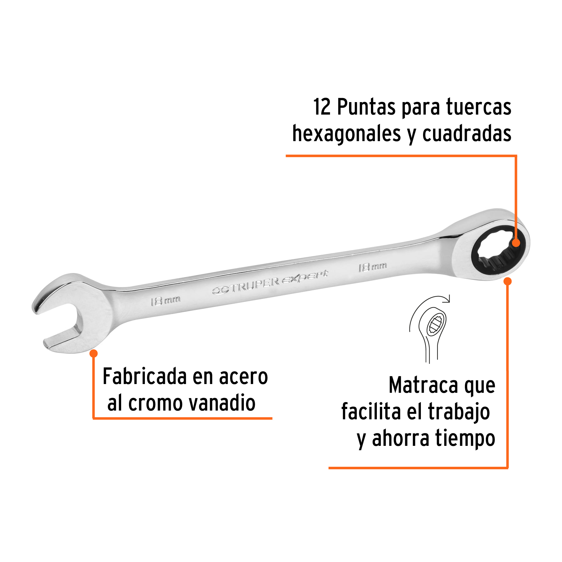 Llave combinada con matraca 18 mm x 230 mm largo, EXPERT TRUPER
