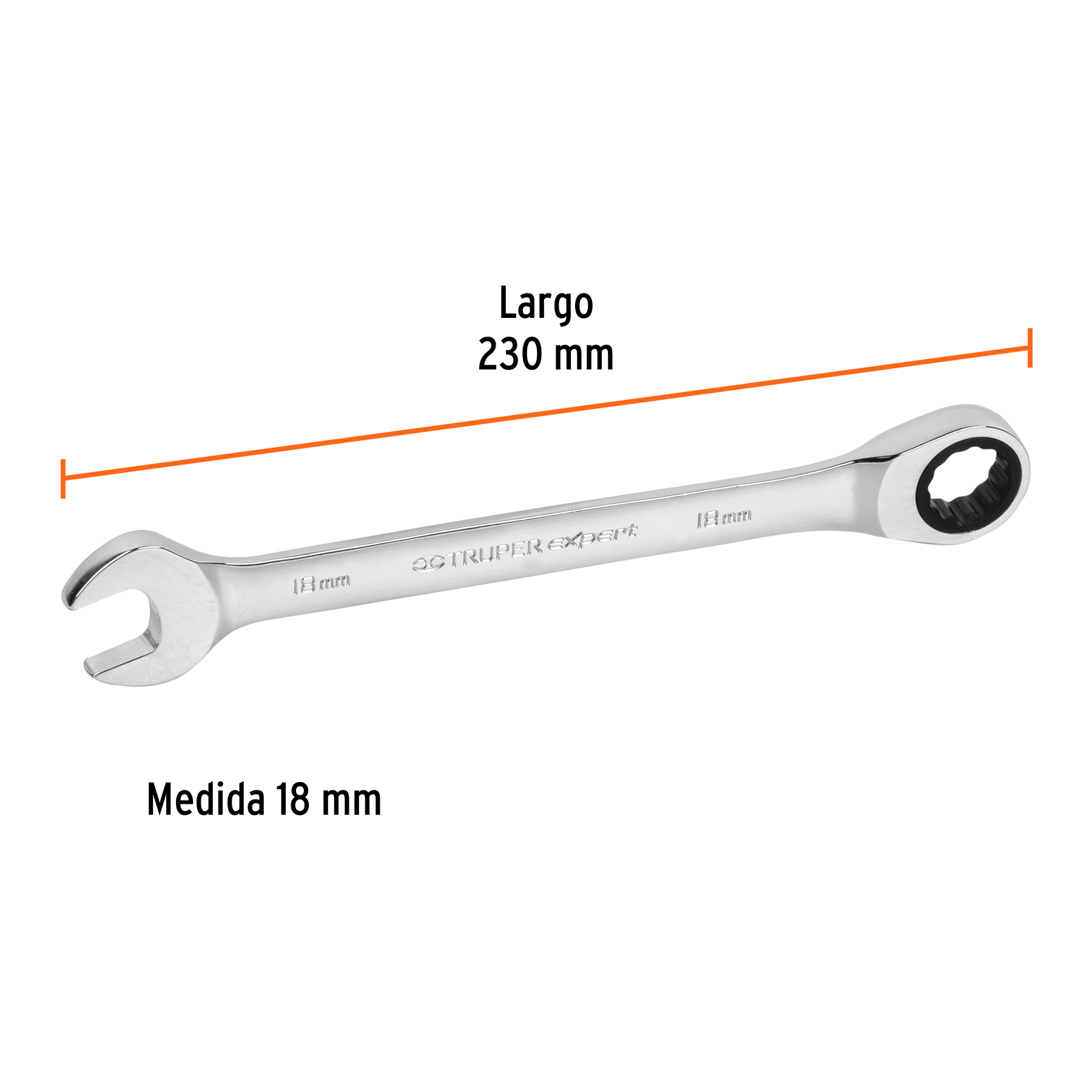 Llave combinada con matraca 18 mm x 230 mm largo, EXPERT TRUPER