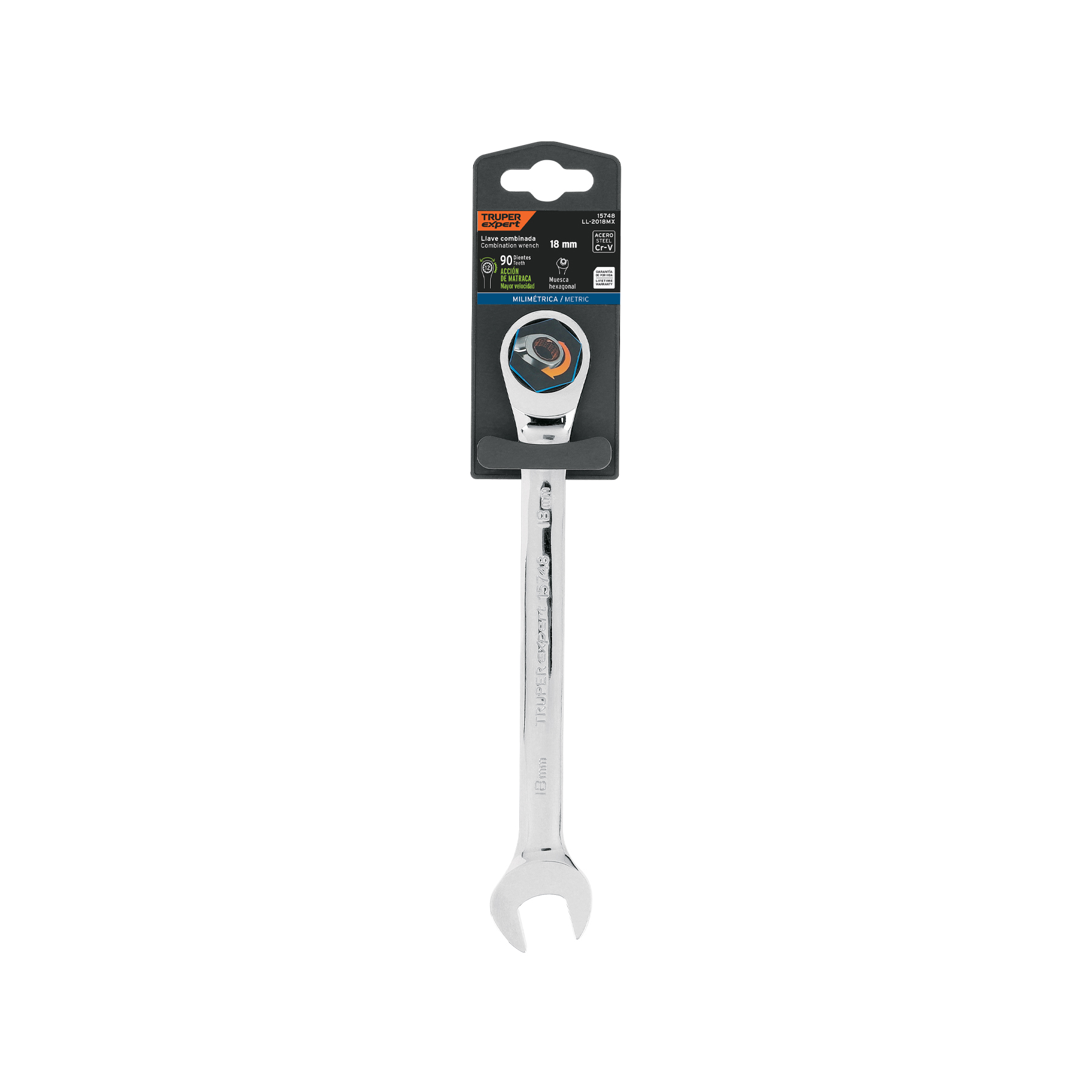 Llave combinada con matraca 18 mm x 230 mm largo, EXPERT TRUPER