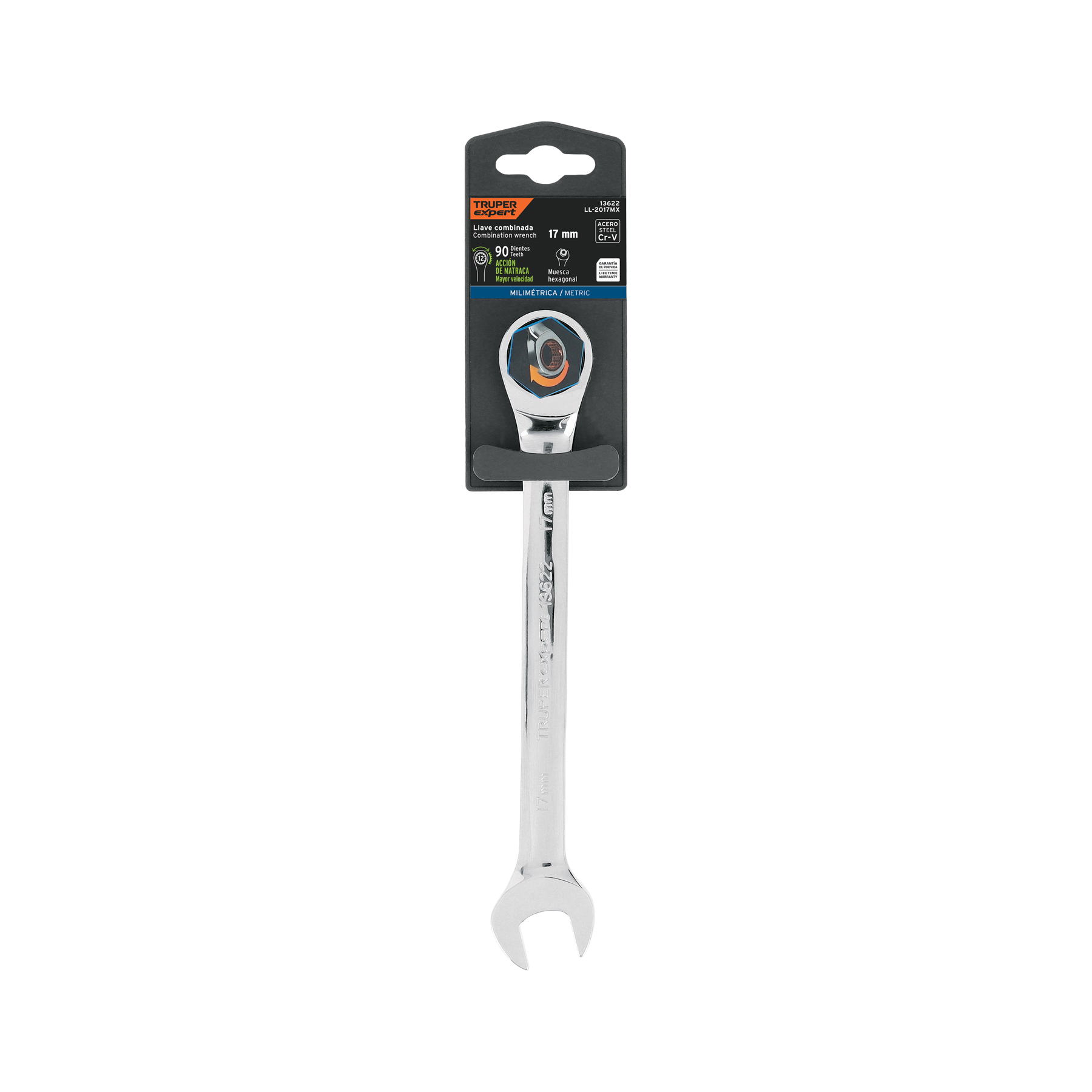 Llave combinada con matraca 17 mm x 218 mm largo, EXPERT TRUPER