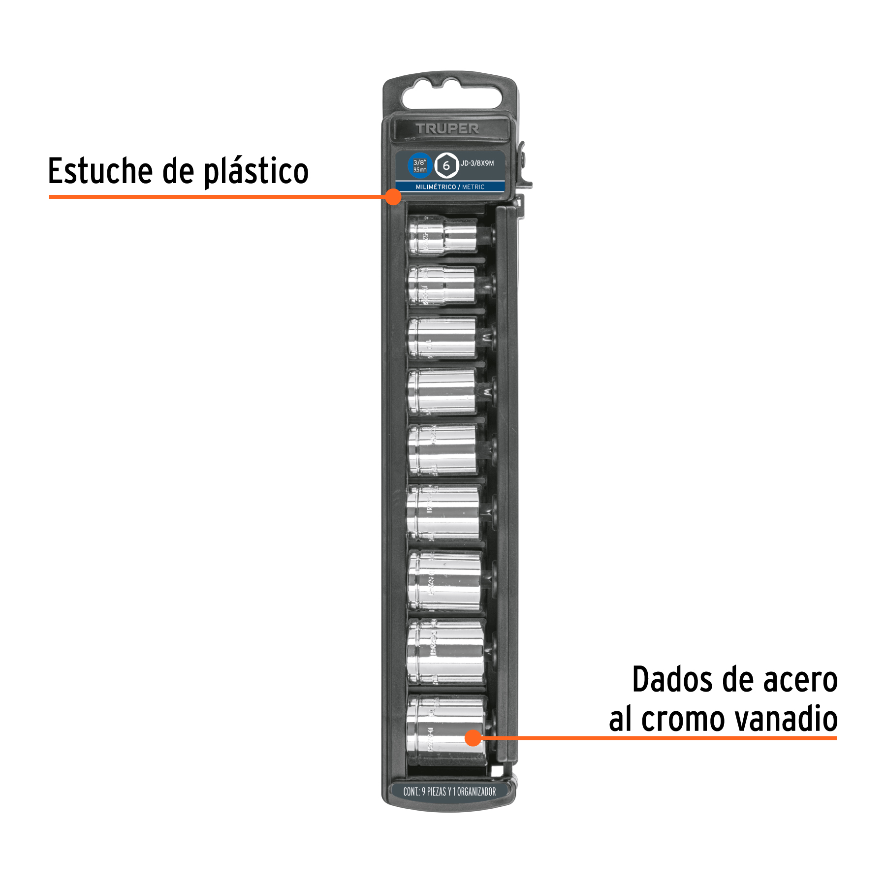 Juego de 9 dados cuadro 3/8" mm, TRUPER TRUPER