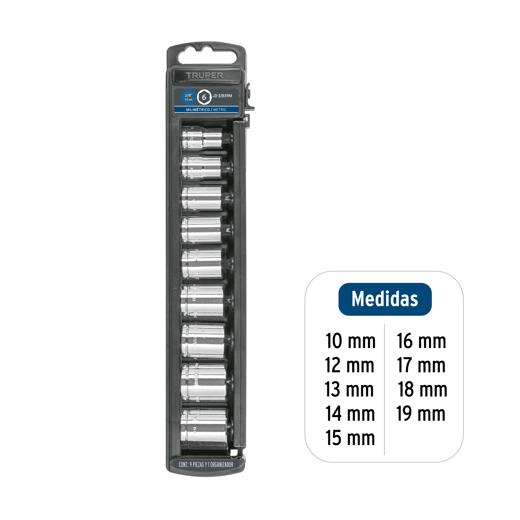 Juego de 9 dados cuadro 3/8" mm, TRUPER TRUPER
