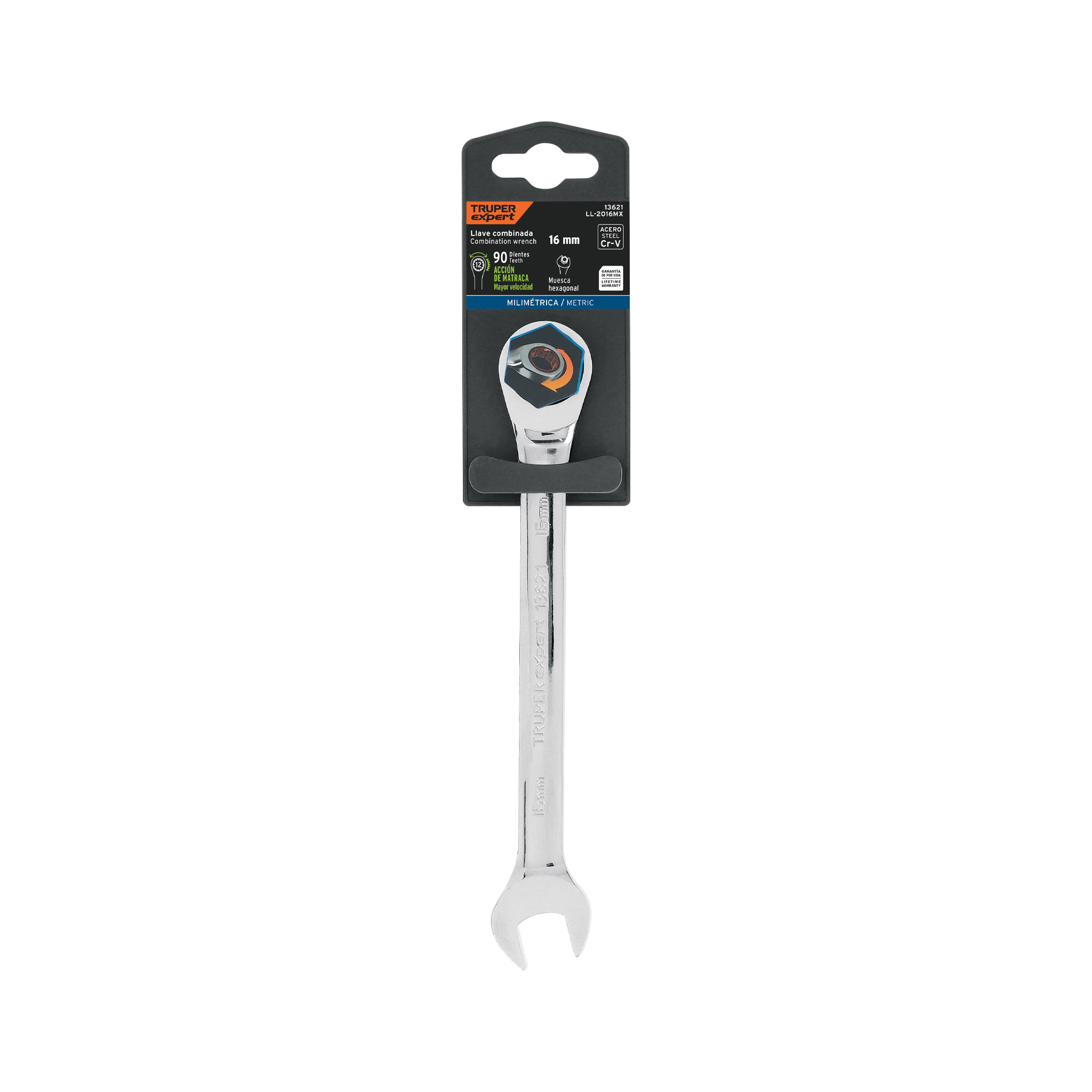 Llave combinada con matraca 16 mm x 202 mm largo, EXPERT TRUPER