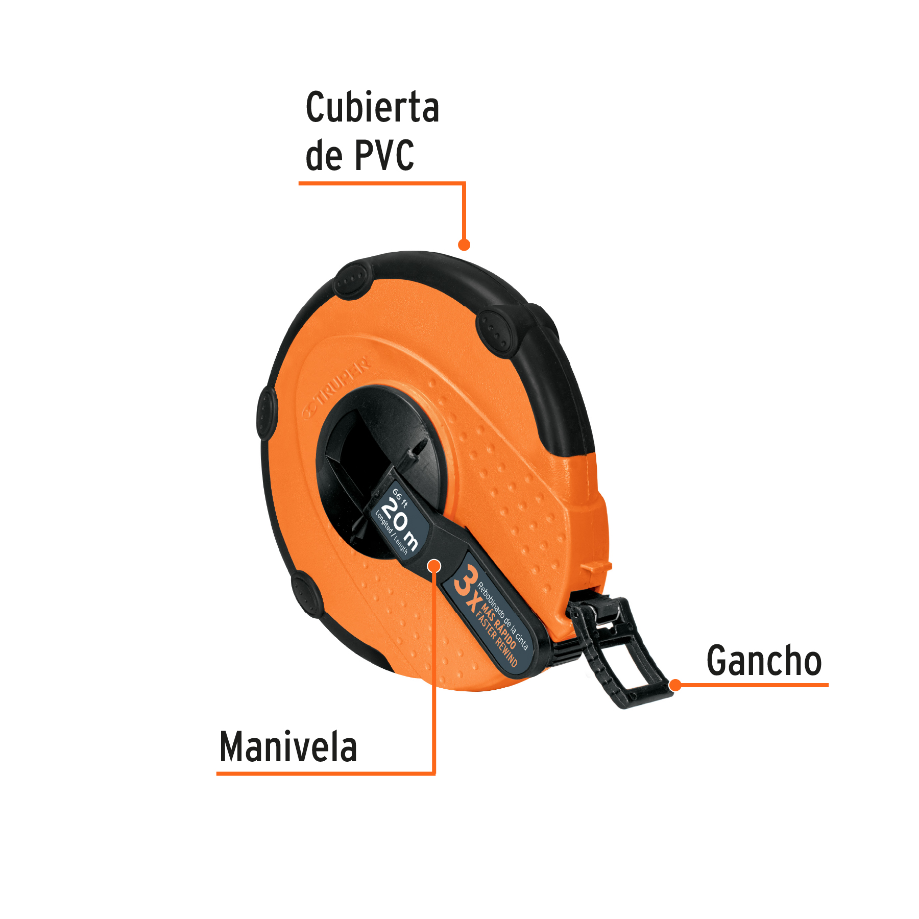 Cinta métrica larga 20m fibra de vidrio, carcasa plástica TRUPER