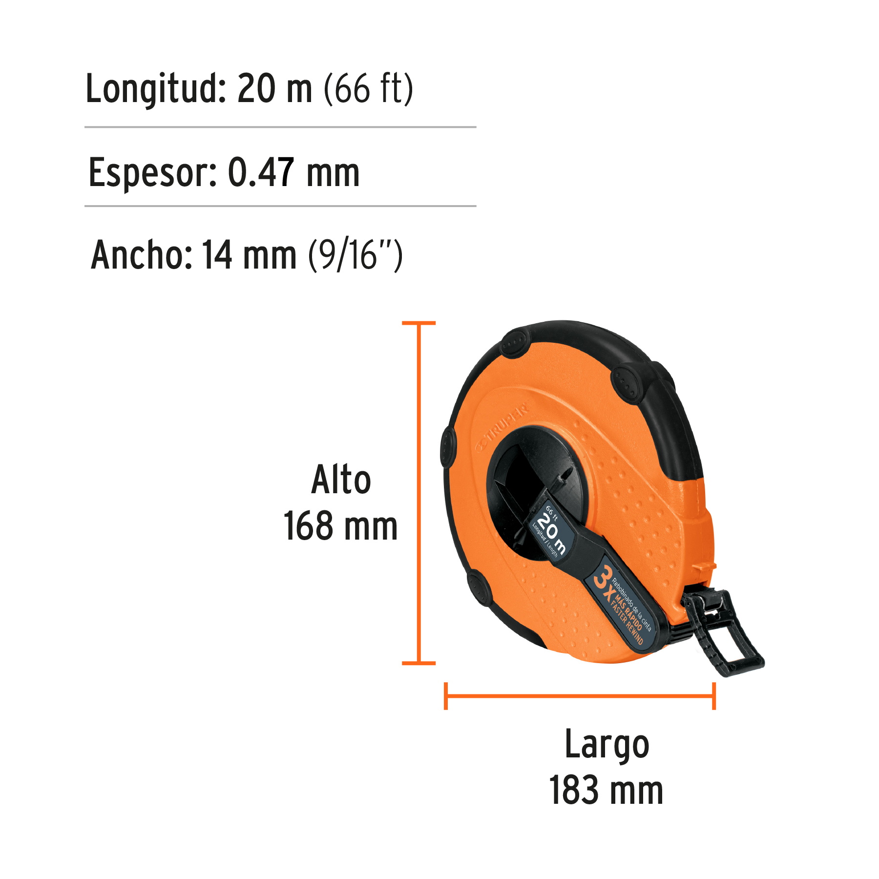 Cinta métrica larga 20m fibra de vidrio, carcasa plástica TRUPER
