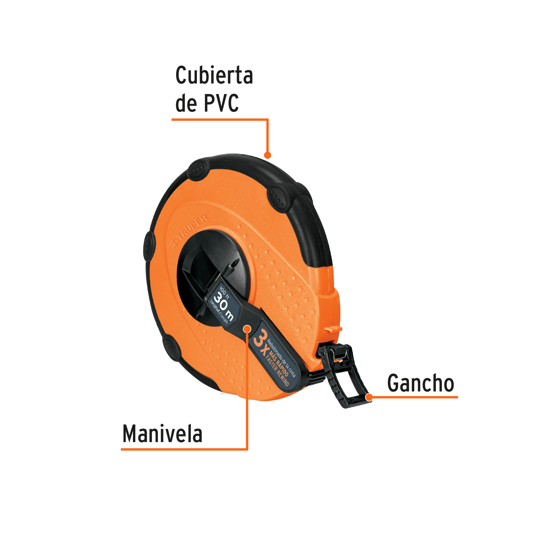 Cinta métrica larga 30m fibra de vidrio, carcasa plástica TRUPER