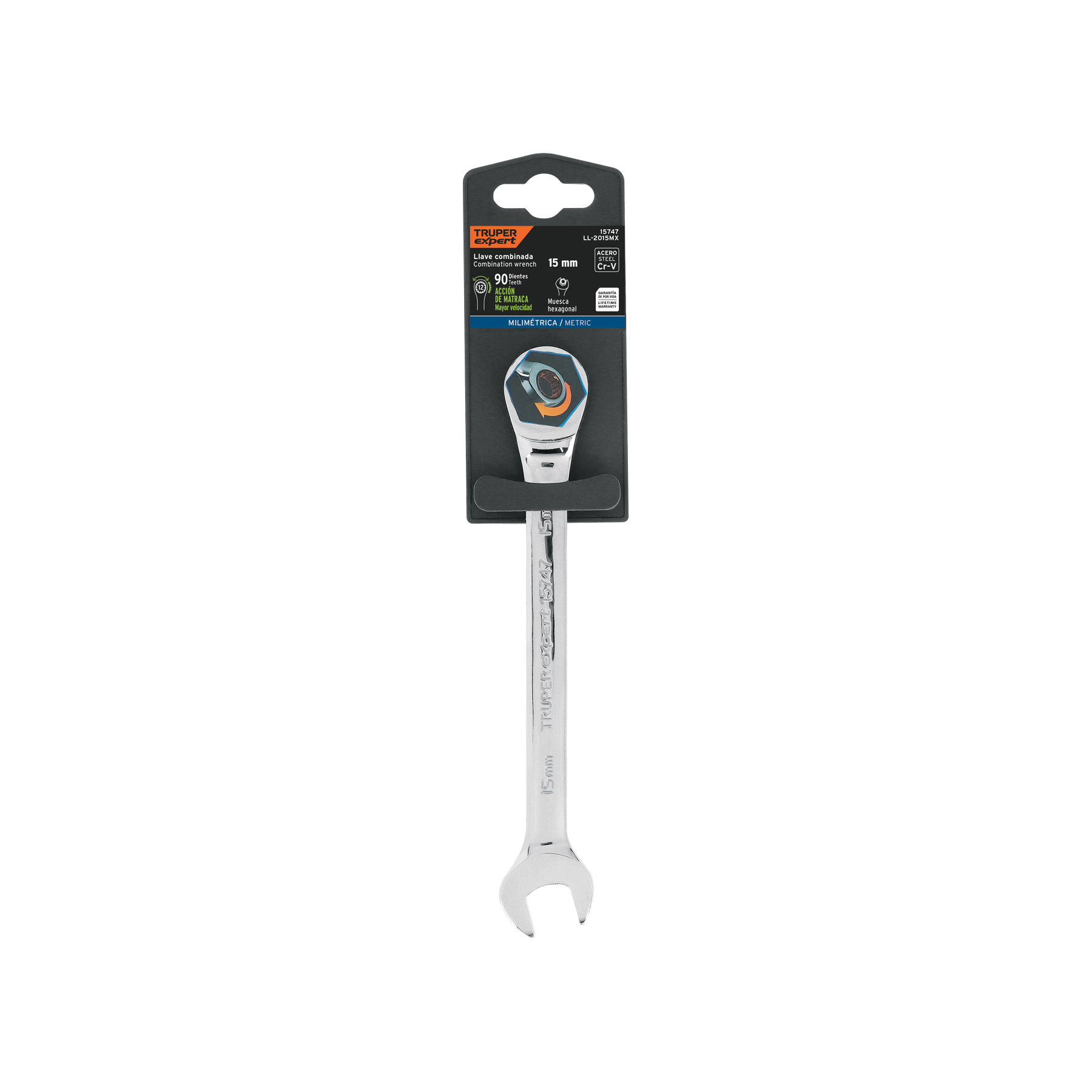 Llave combinada con matraca 15 mm x 194 mm largo, EXPERT TRUPER