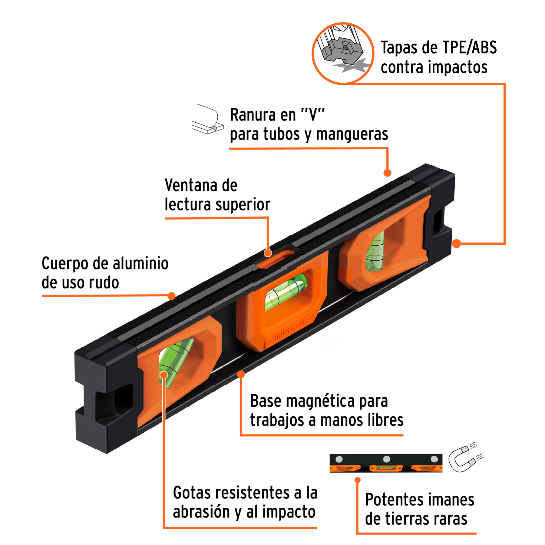 Nivel torpedo magnético de 10" con cuerpo de aluminio,EXPERT TRUPER