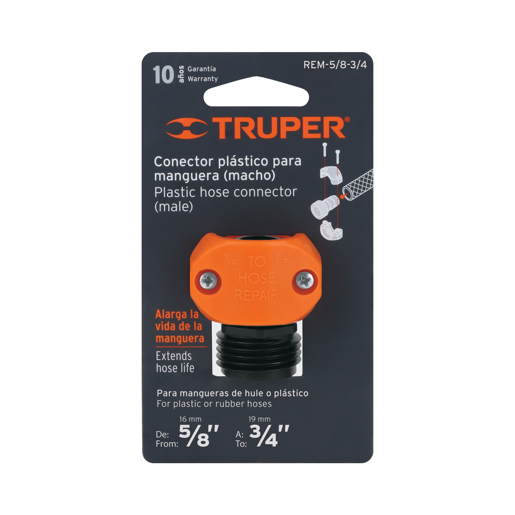 Conector 5/8"-3/4" macho de ABS para manguera, TRUPER TRUPER