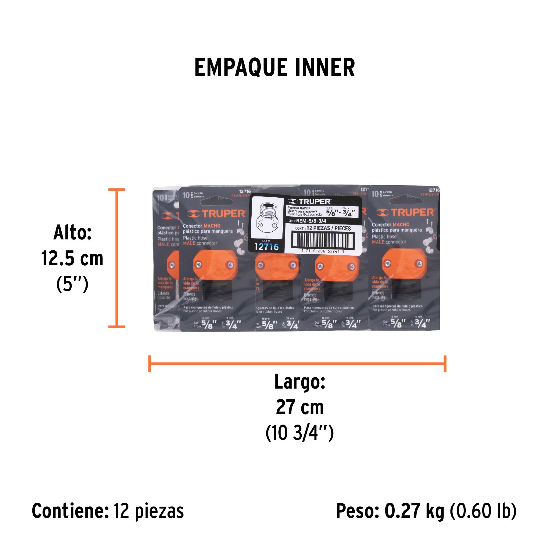Conector 5/8"-3/4" macho de ABS para manguera, TRUPER TRUPER