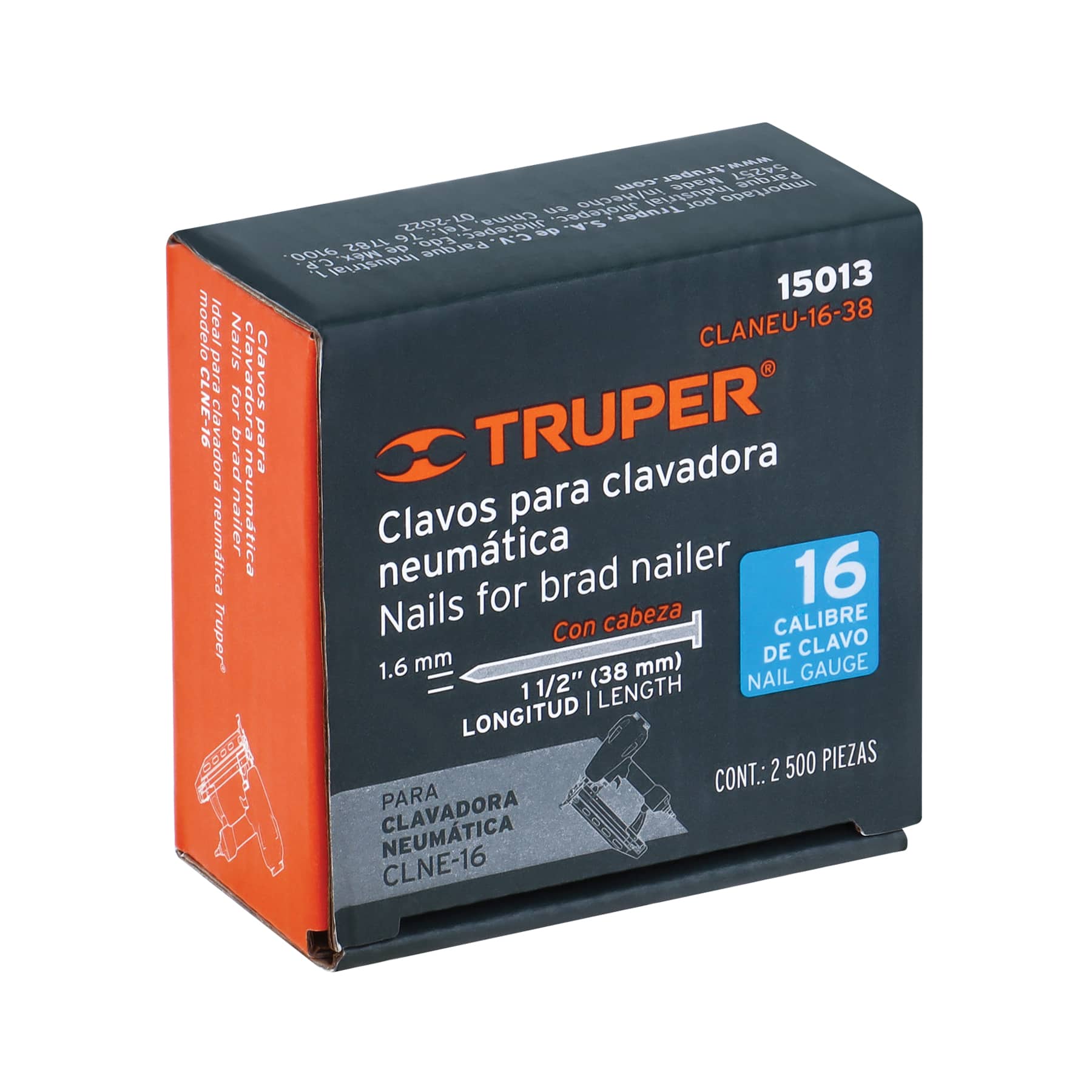 Caja con 2500 clavos calibre 16, 38 mm para CLNE-16, TRUPER TRUPER