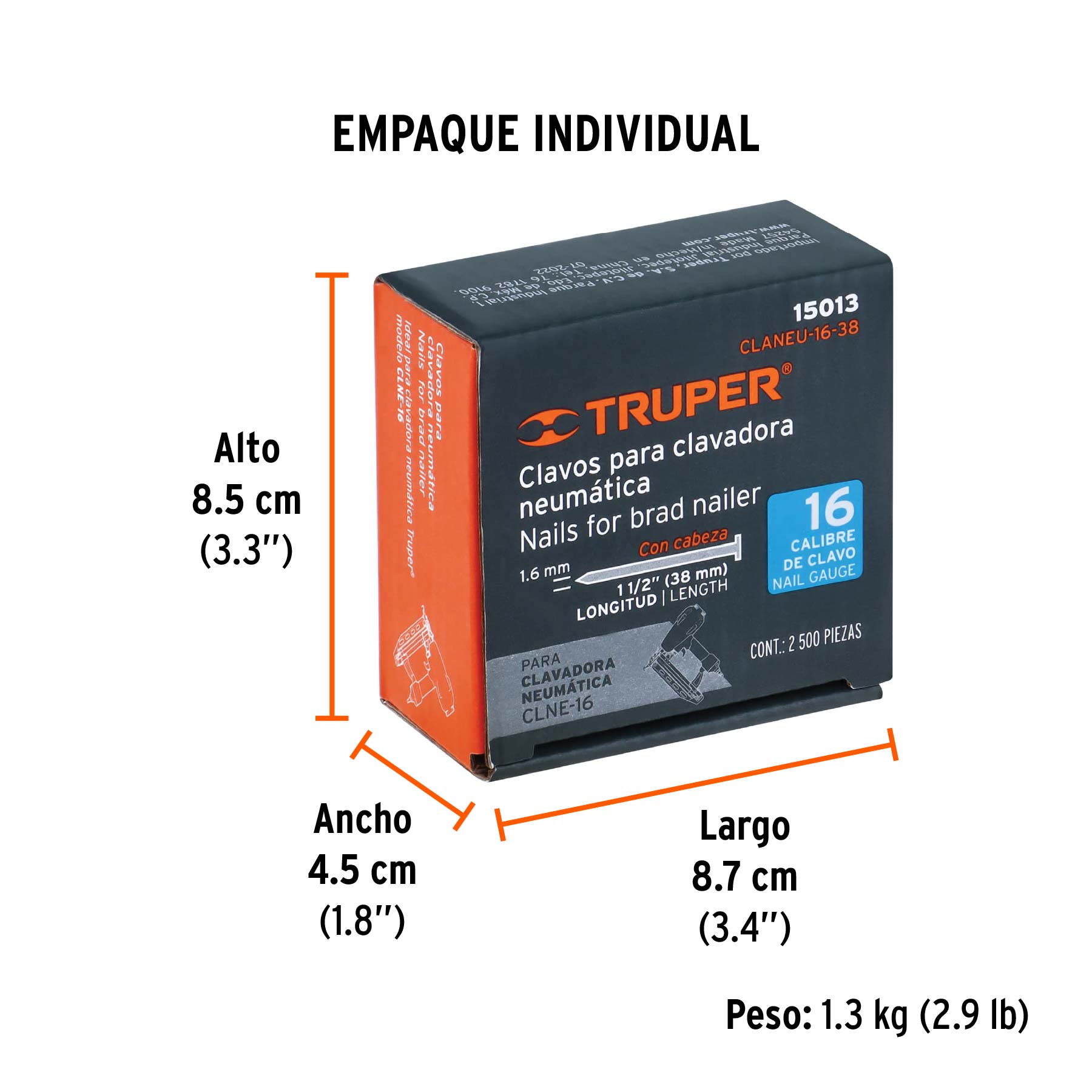 Caja con 2500 clavos calibre 16, 38 mm para CLNE-16, TRUPER TRUPER