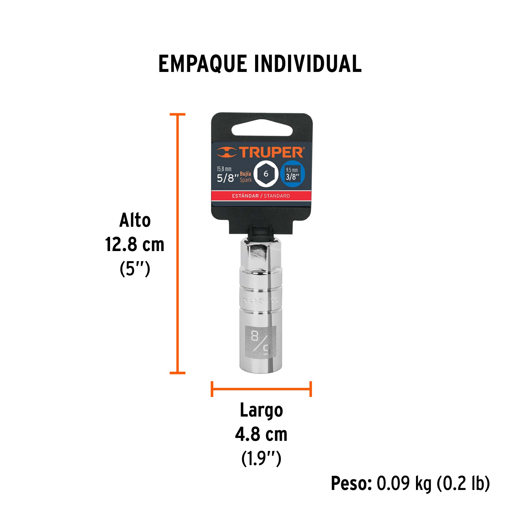 Dado para bujías de 5/8", 6 puntas, cuadro 3/8", TRUPER TRUPER