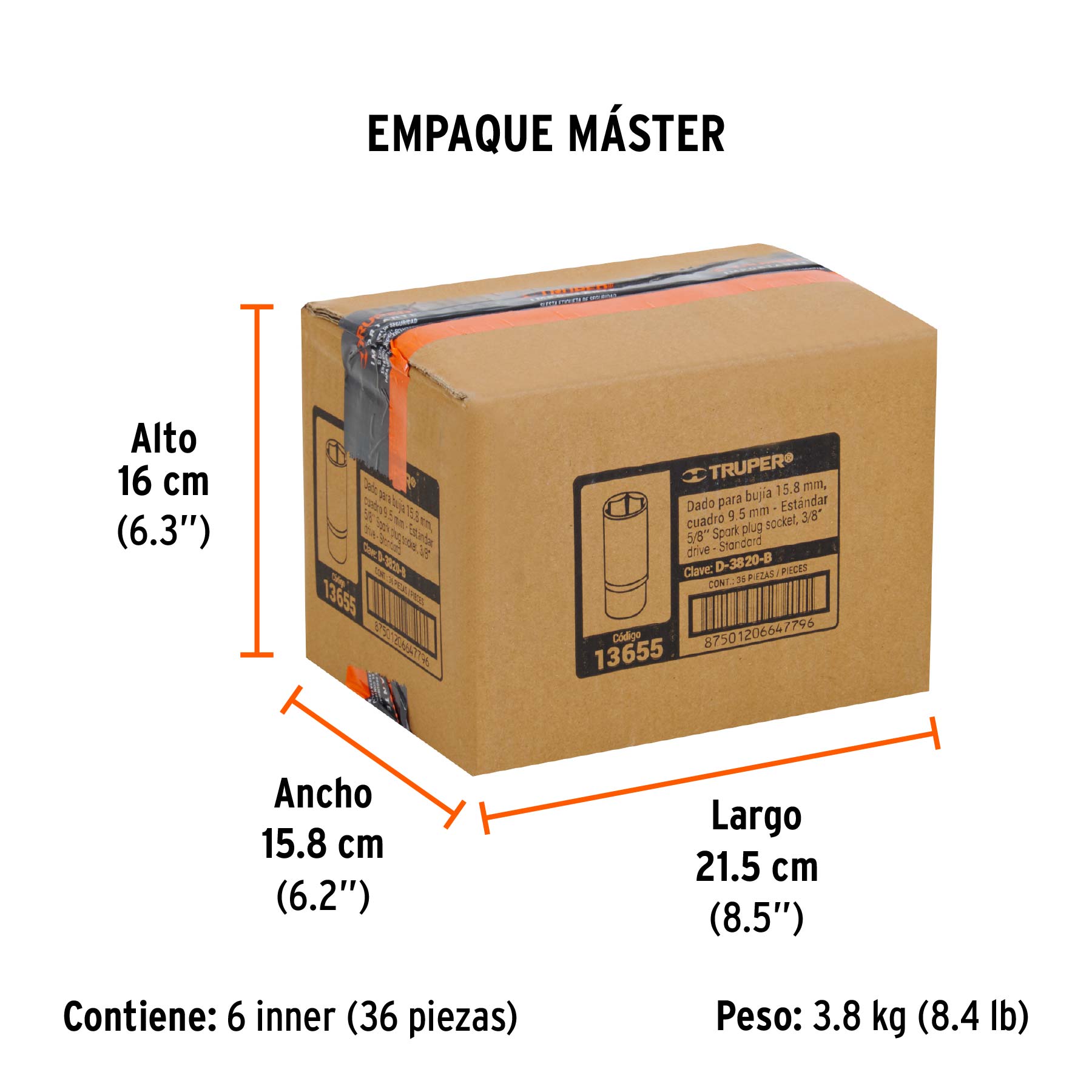 Dado para bujías de 5/8", 6 puntas, cuadro 3/8", TRUPER TRUPER