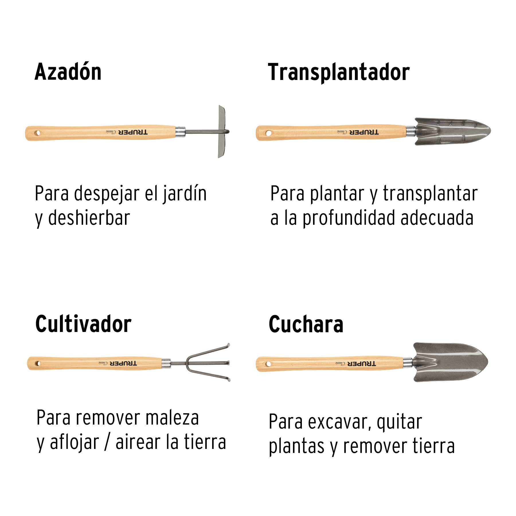 Juego de 4 herramientas para jardín, mango 12-1/4", TRUPER TRUPER