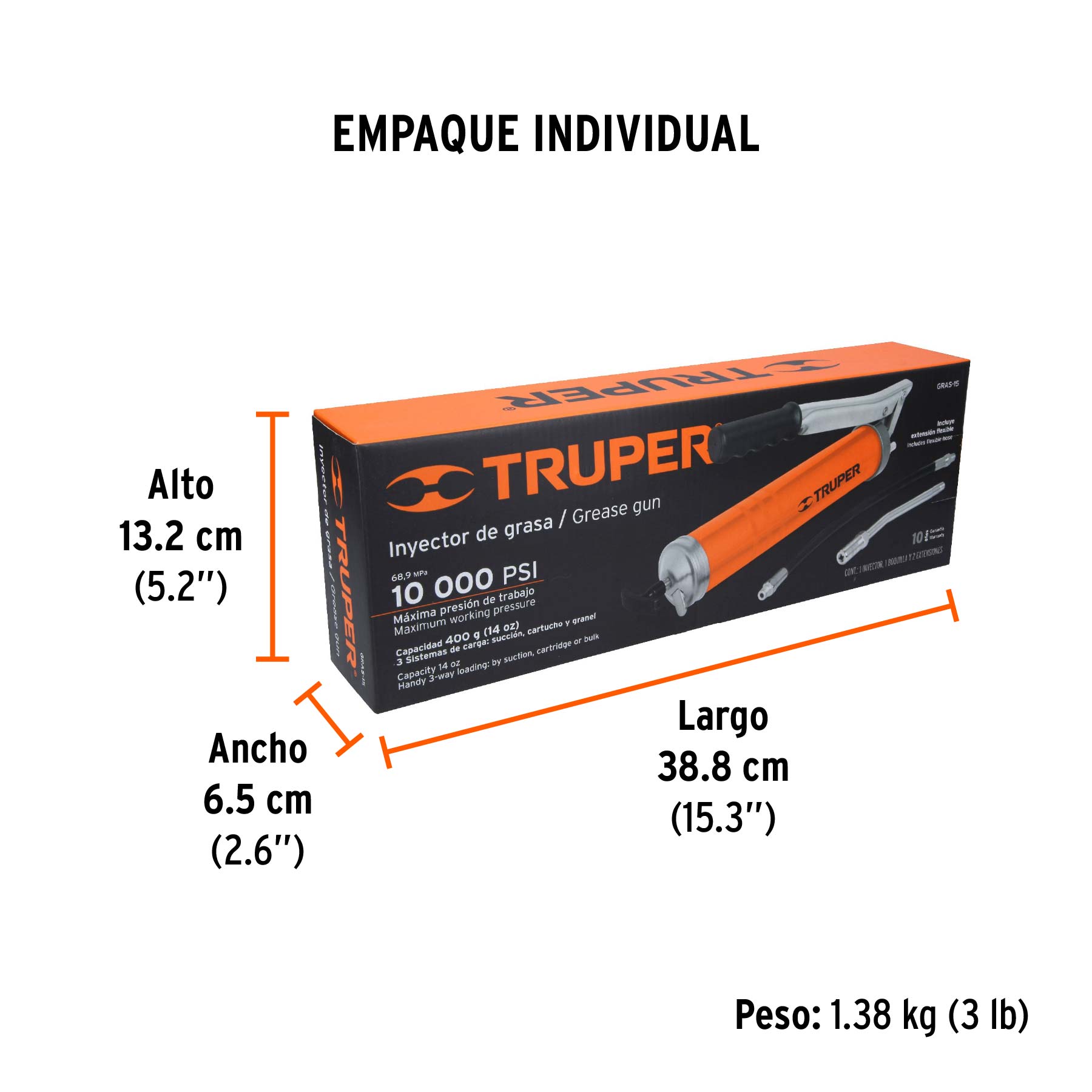 Inyectora de grasa 14 oz, 10000 PSI con grip antiderrapante TRUPER