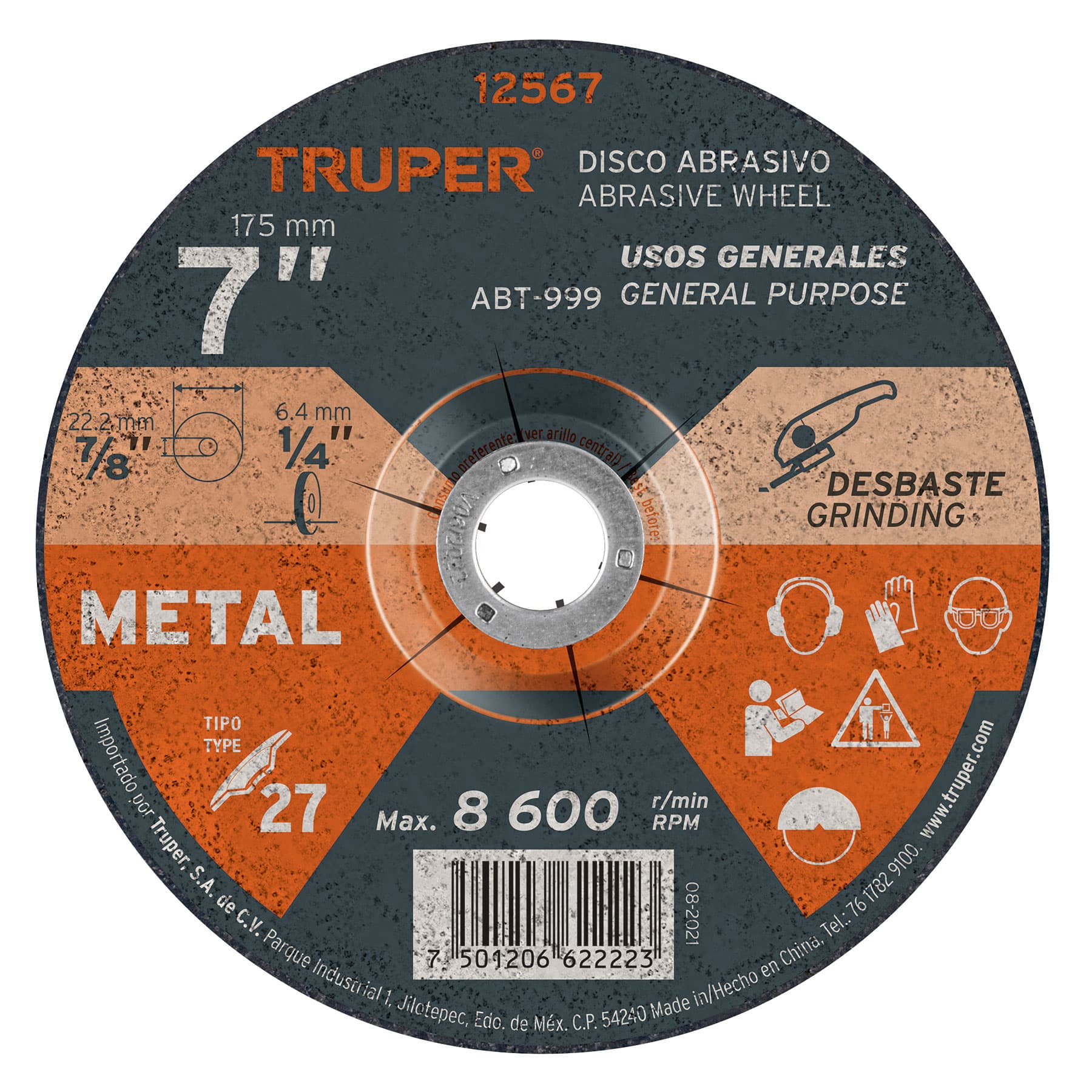 Disco Tipo 27 de 7" x 6.4 mm para desbaste de metal, TRUPER TRUPER