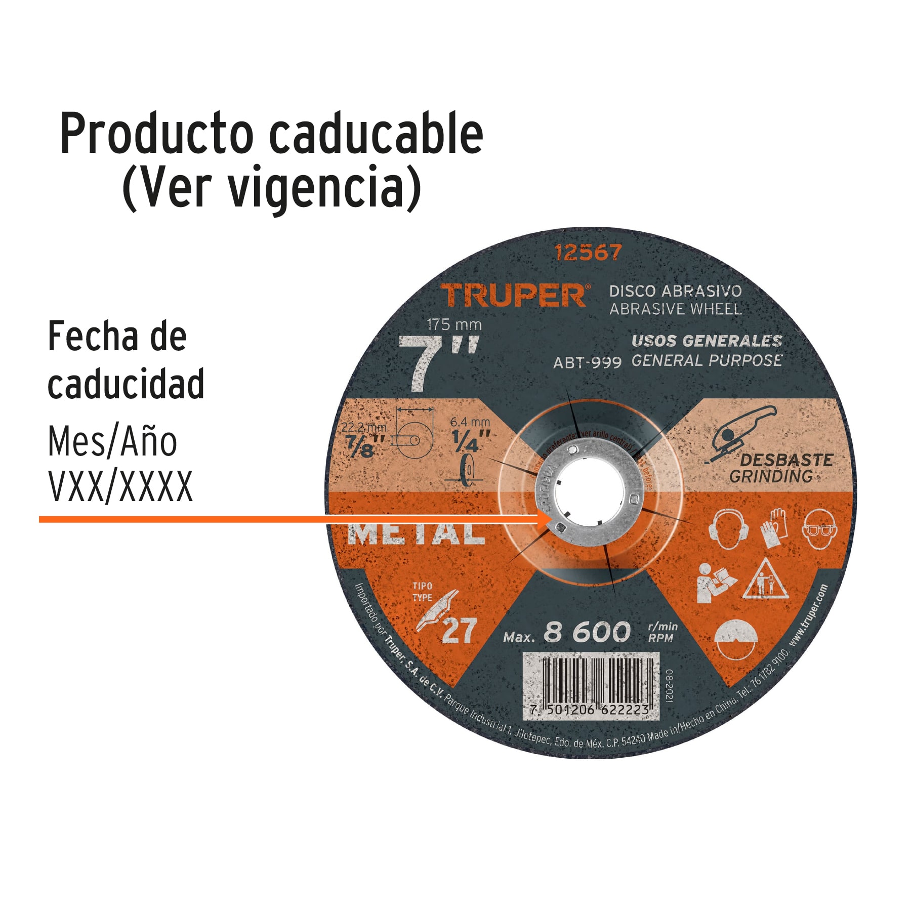 Disco Tipo 27 de 7" x 6.4 mm para desbaste de metal, TRUPER TRUPER