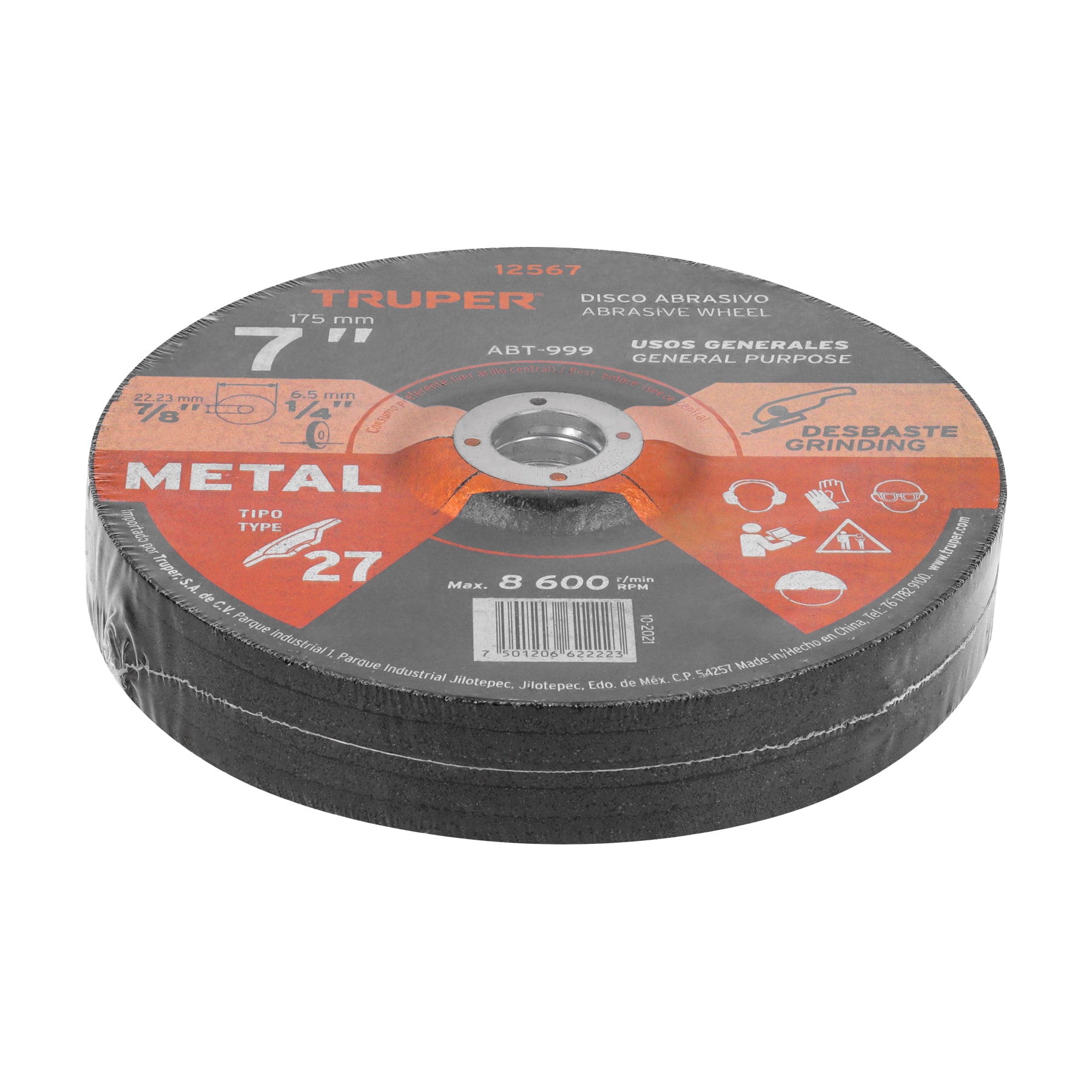 Disco Tipo 27 de 7" x 6.4 mm para desbaste de metal, TRUPER TRUPER