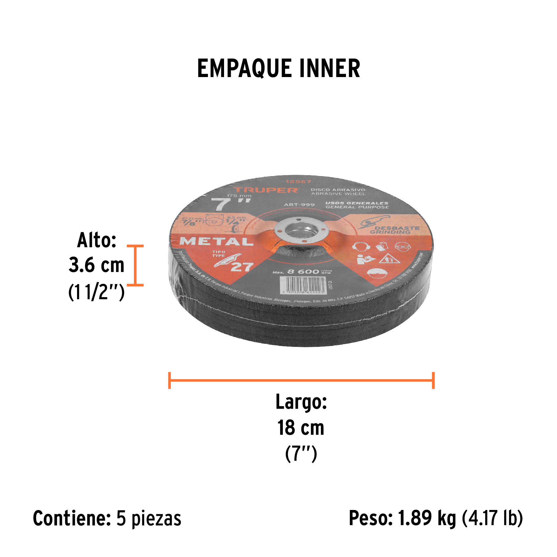 Disco Tipo 27 de 7" x 6.4 mm para desbaste de metal, TRUPER TRUPER