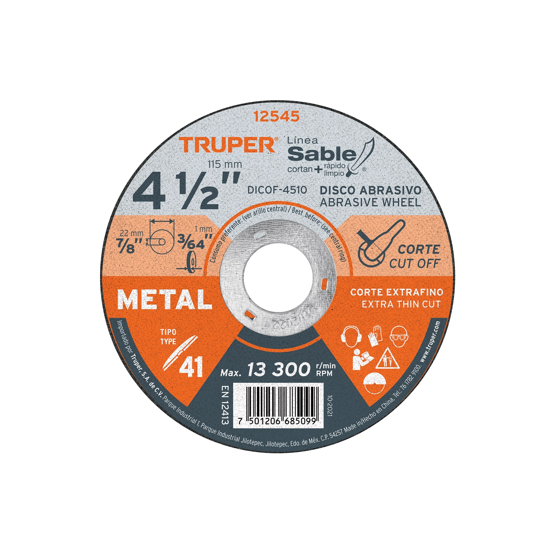 Disco abrasivo de corte preciso metal 4-1/2" x 1 mm, TRUPER TRUPER