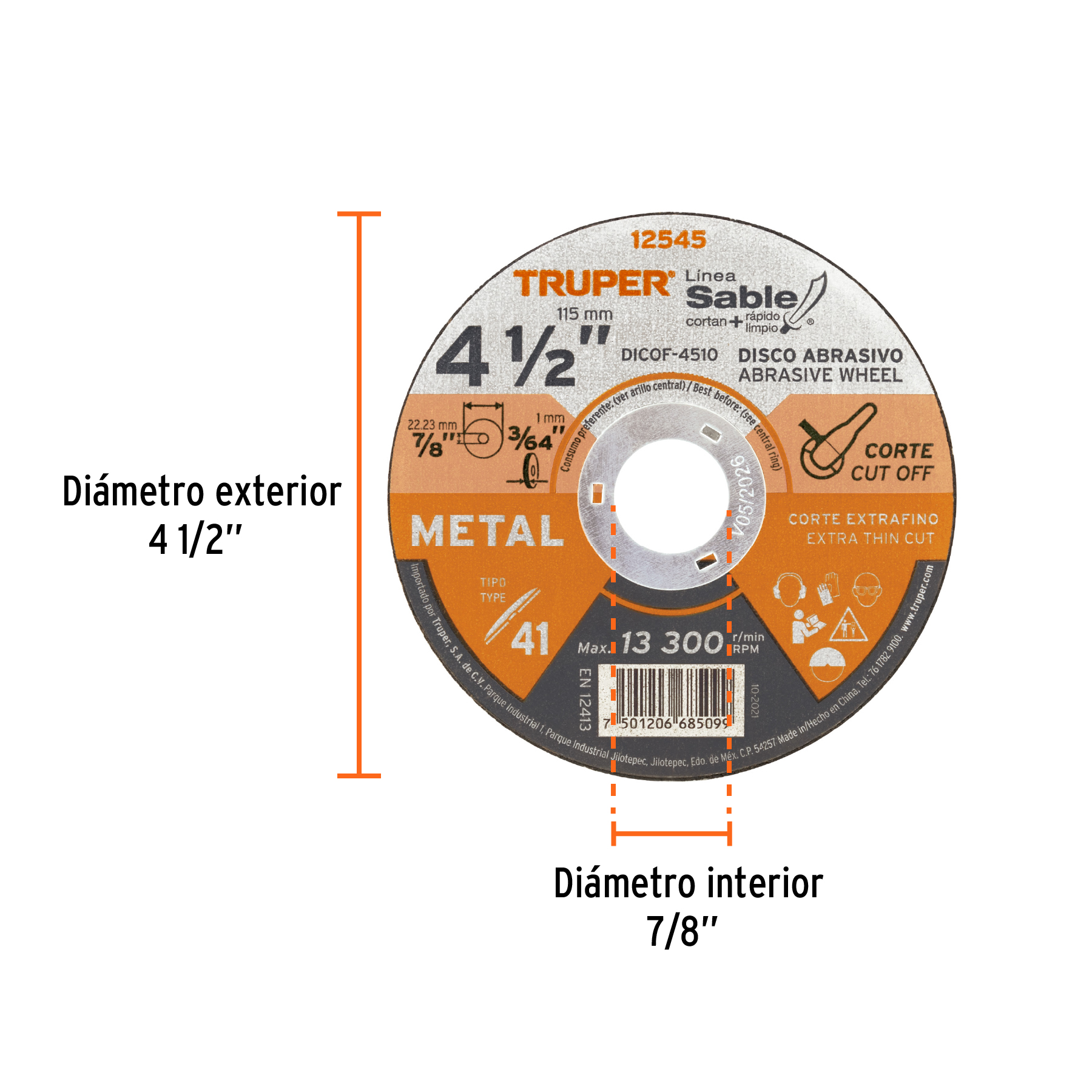 Disco abrasivo de corte preciso metal 4-1/2" x 1 mm, TRUPER TRUPER