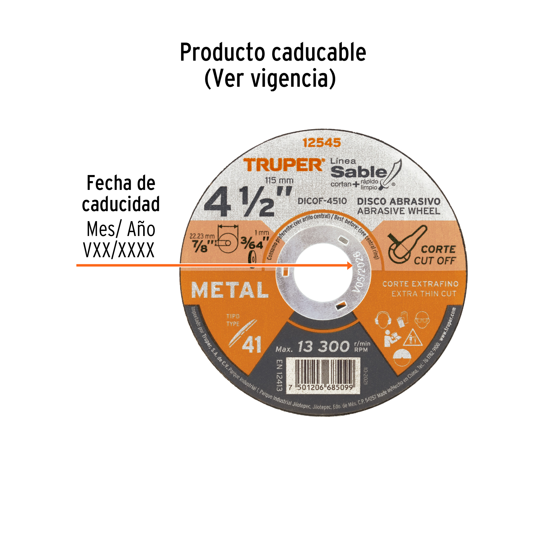 Disco abrasivo de corte preciso metal 4-1/2" x 1 mm, TRUPER TRUPER