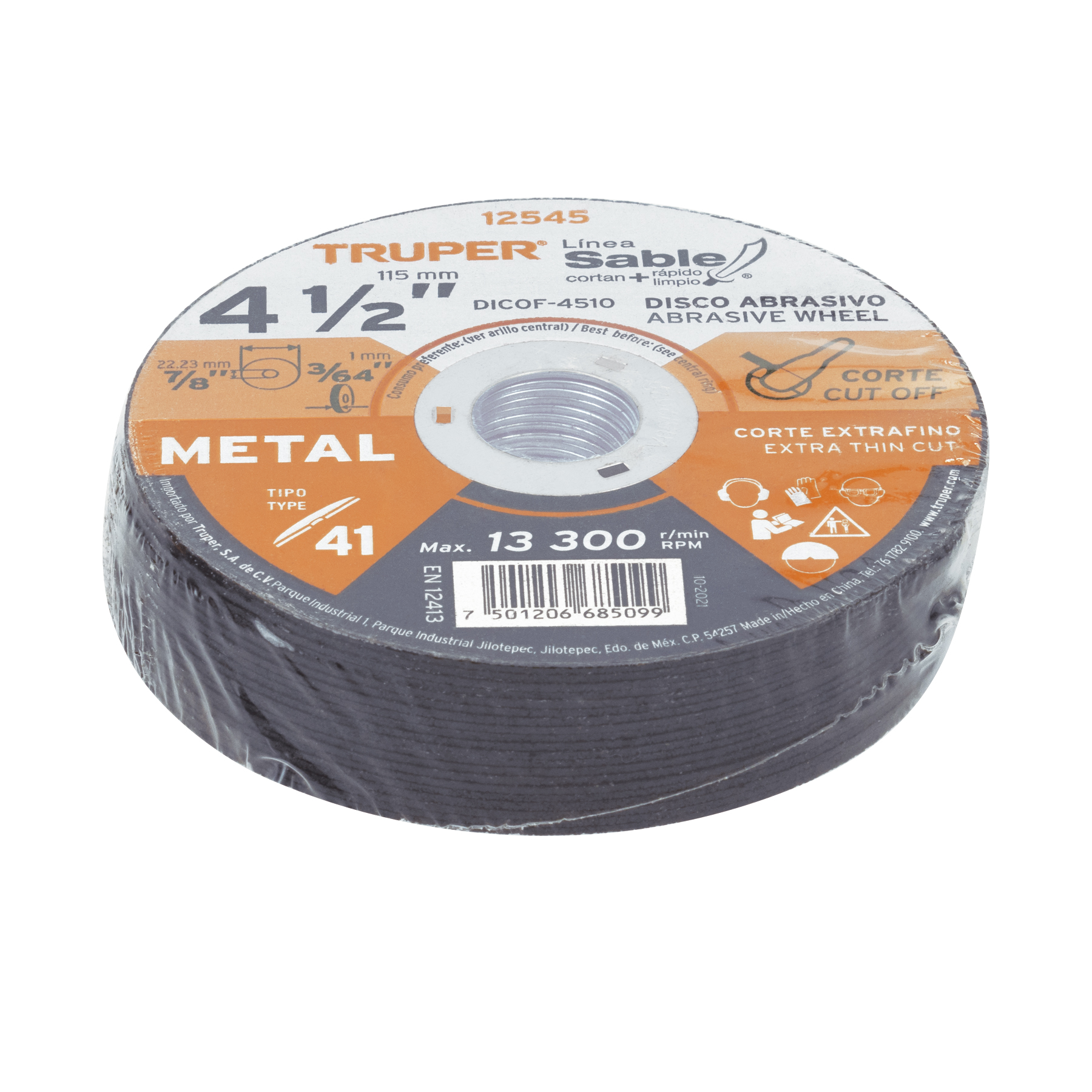 Disco abrasivo de corte preciso metal 4-1/2" x 1 mm, TRUPER TRUPER