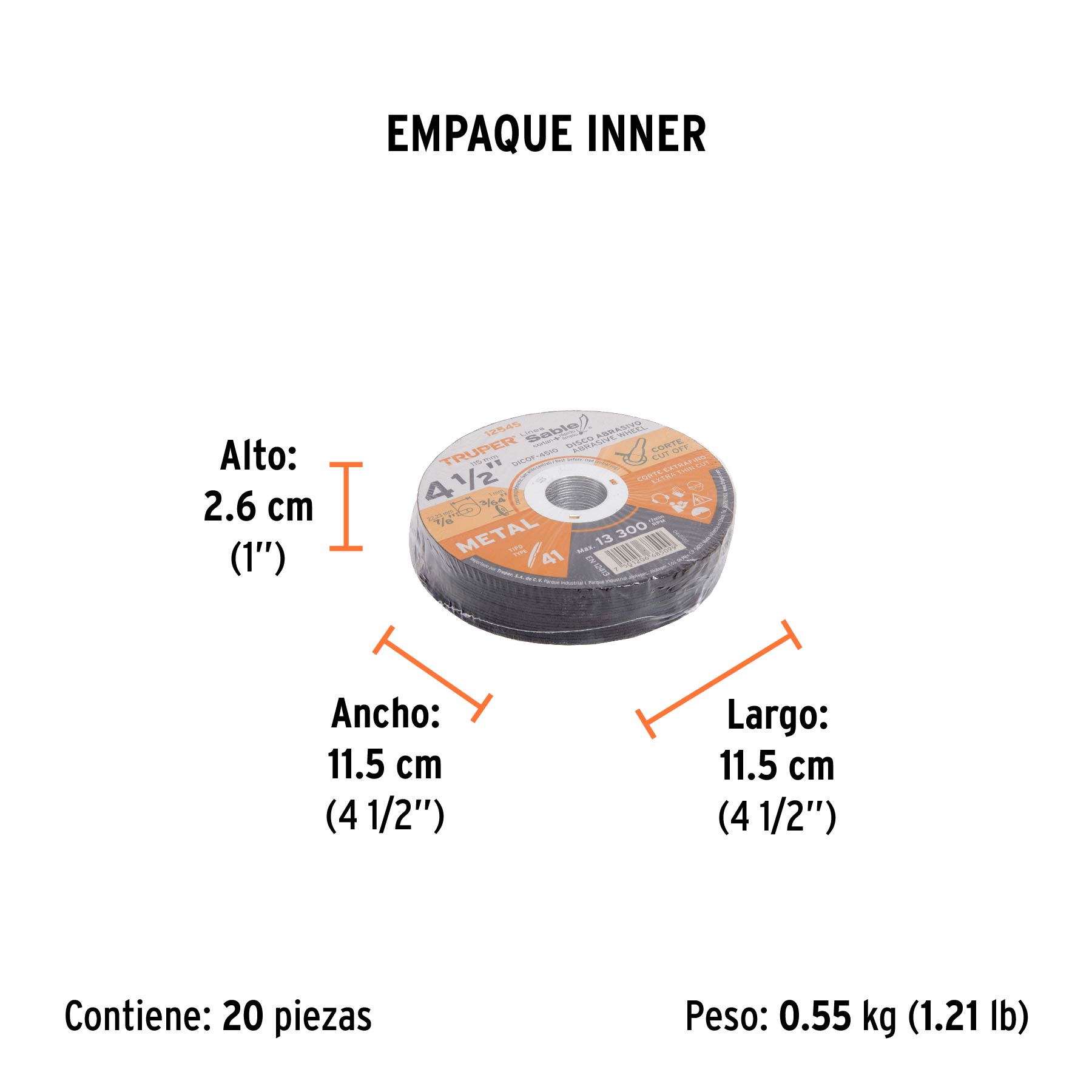 Disco abrasivo de corte preciso metal 4-1/2" x 1 mm, TRUPER TRUPER