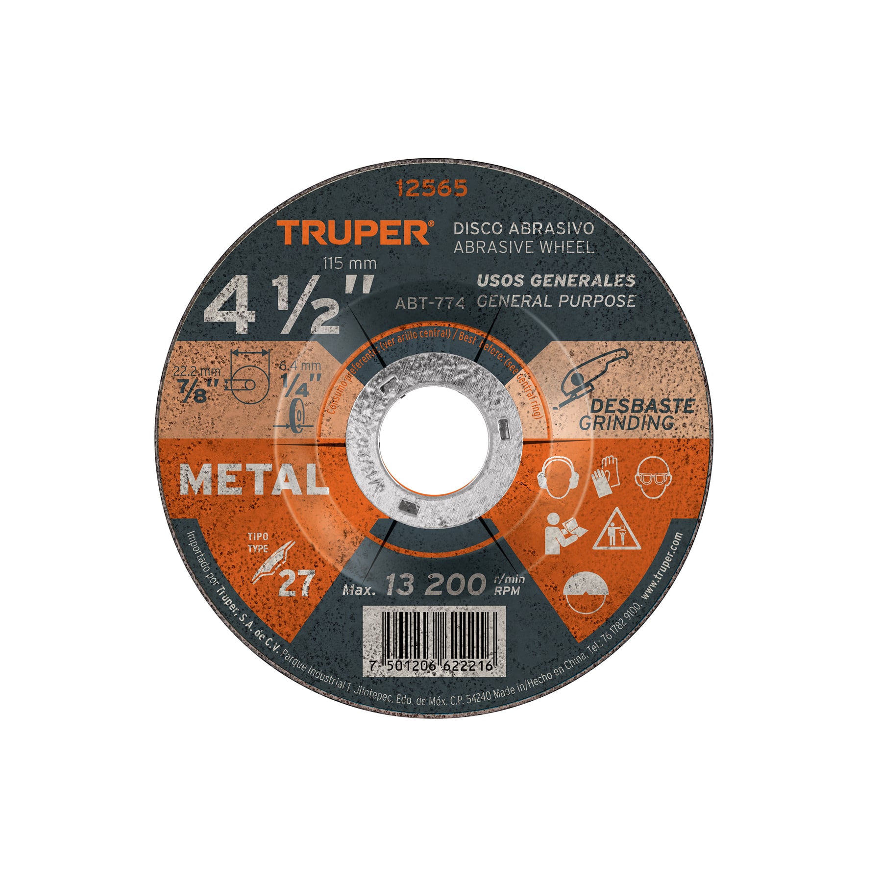 Disco Tipo 27 de 4-1/2" x 6.4 mm para desbaste de metal TRUPER