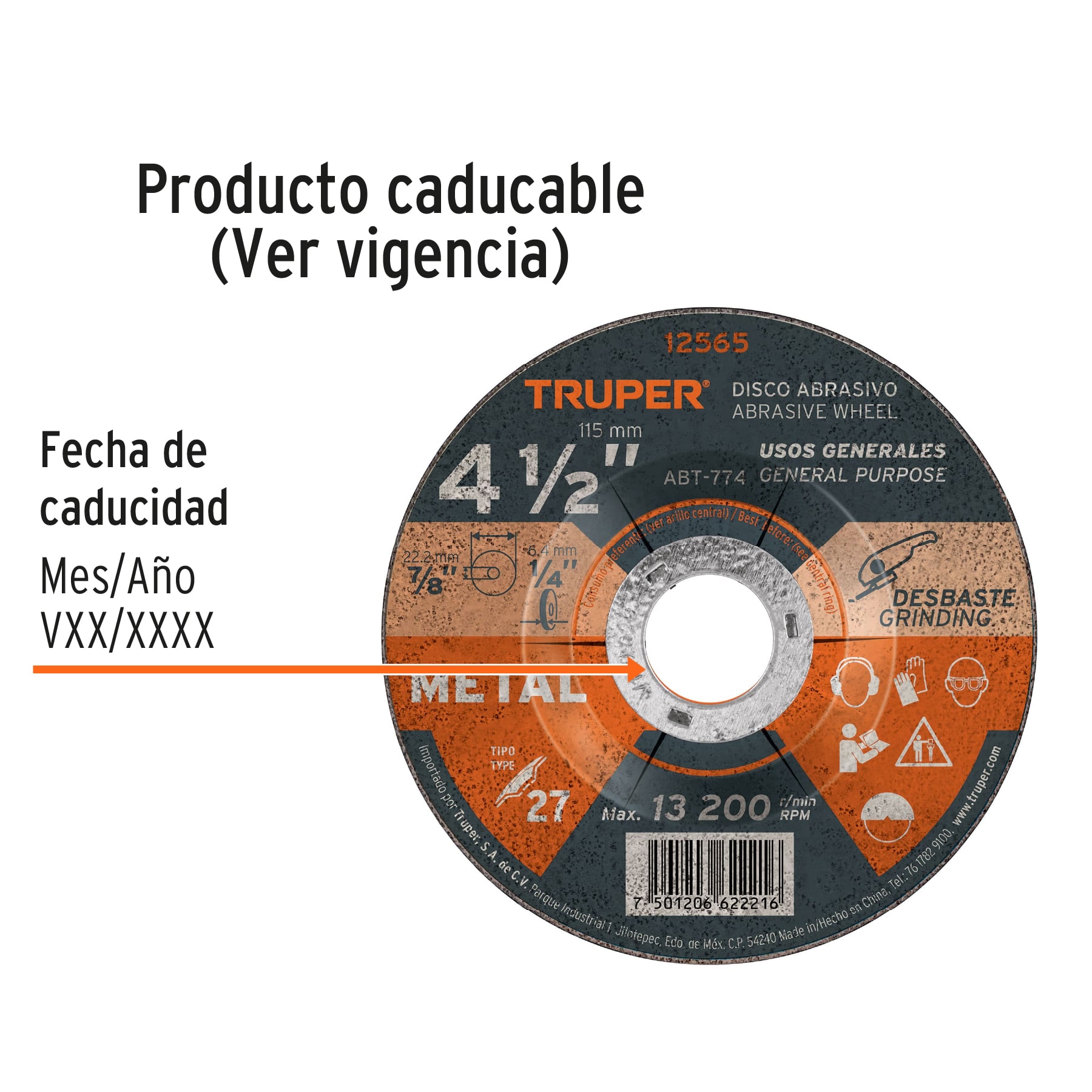 Disco Tipo 27 de 4-1/2" x 6.4 mm para desbaste de metal TRUPER