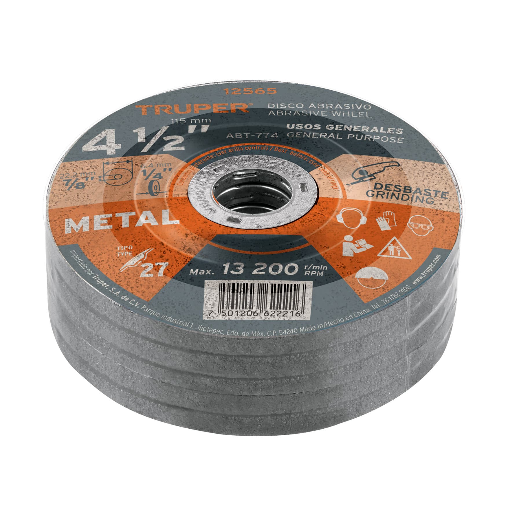 Disco Tipo 27 de 4-1/2" x 6.4 mm para desbaste de metal TRUPER