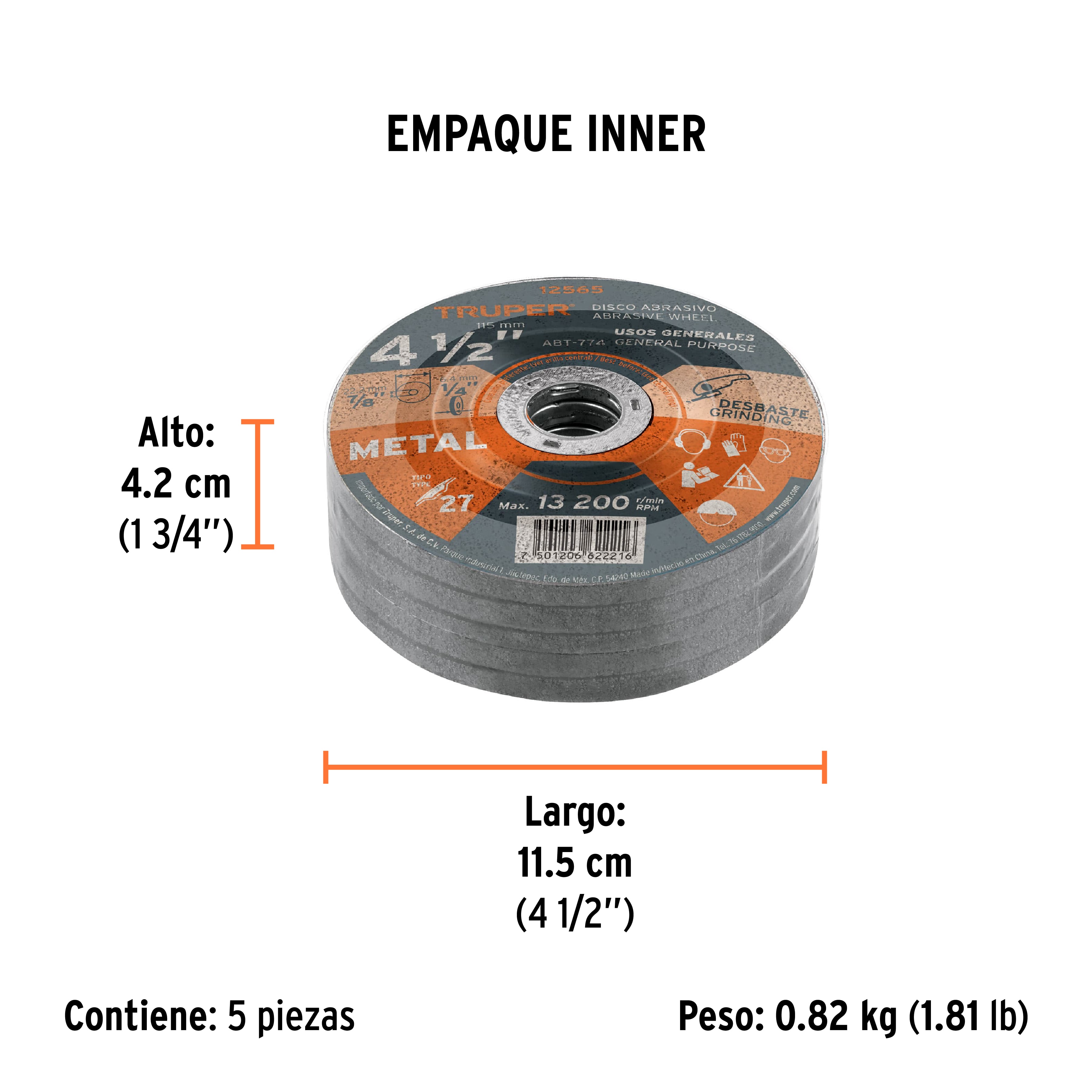 Disco Tipo 27 de 4-1/2" x 6.4 mm para desbaste de metal TRUPER