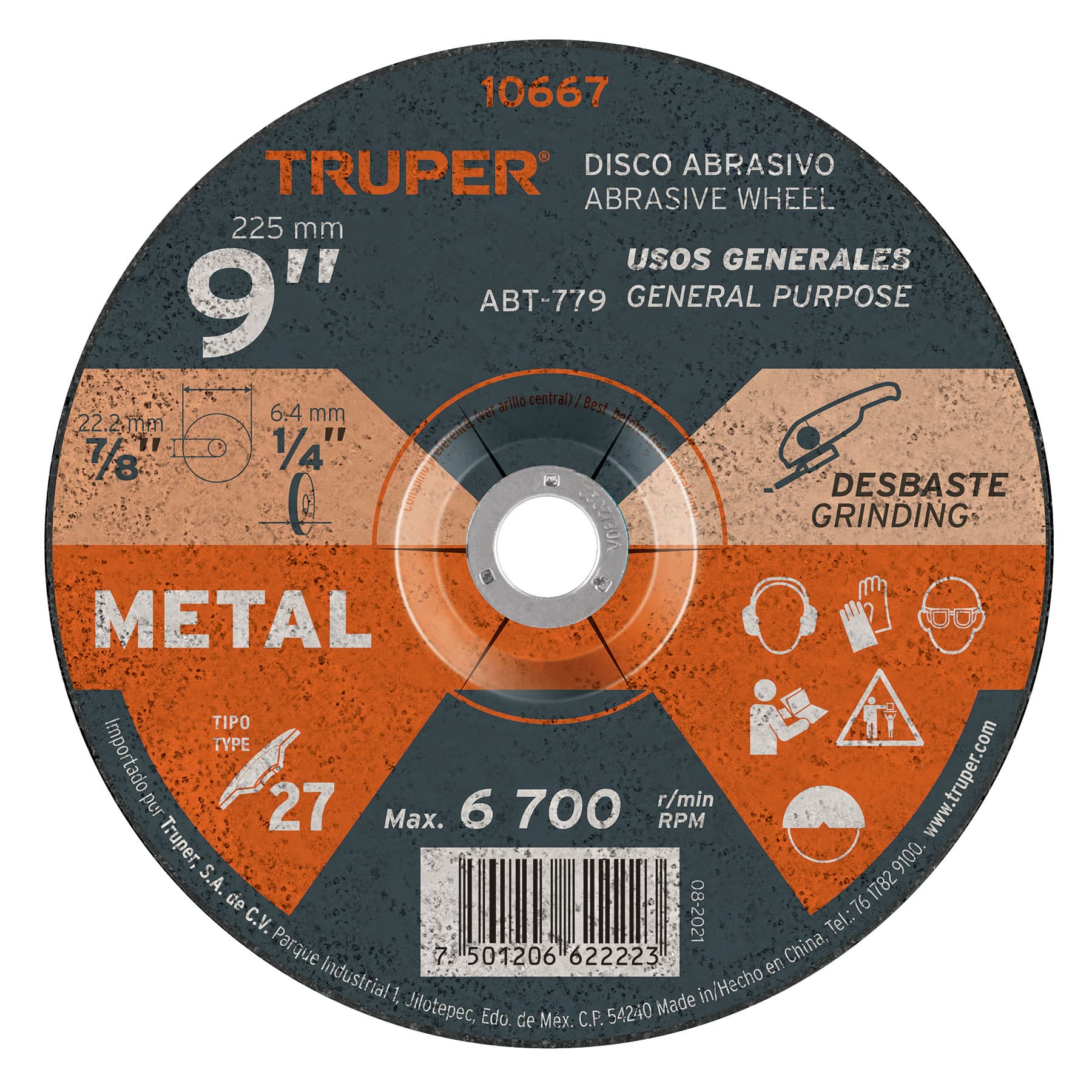 Disco Tipo 27 de 9" x 6.4 mm para desbaste de metal, TRUPER TRUPER