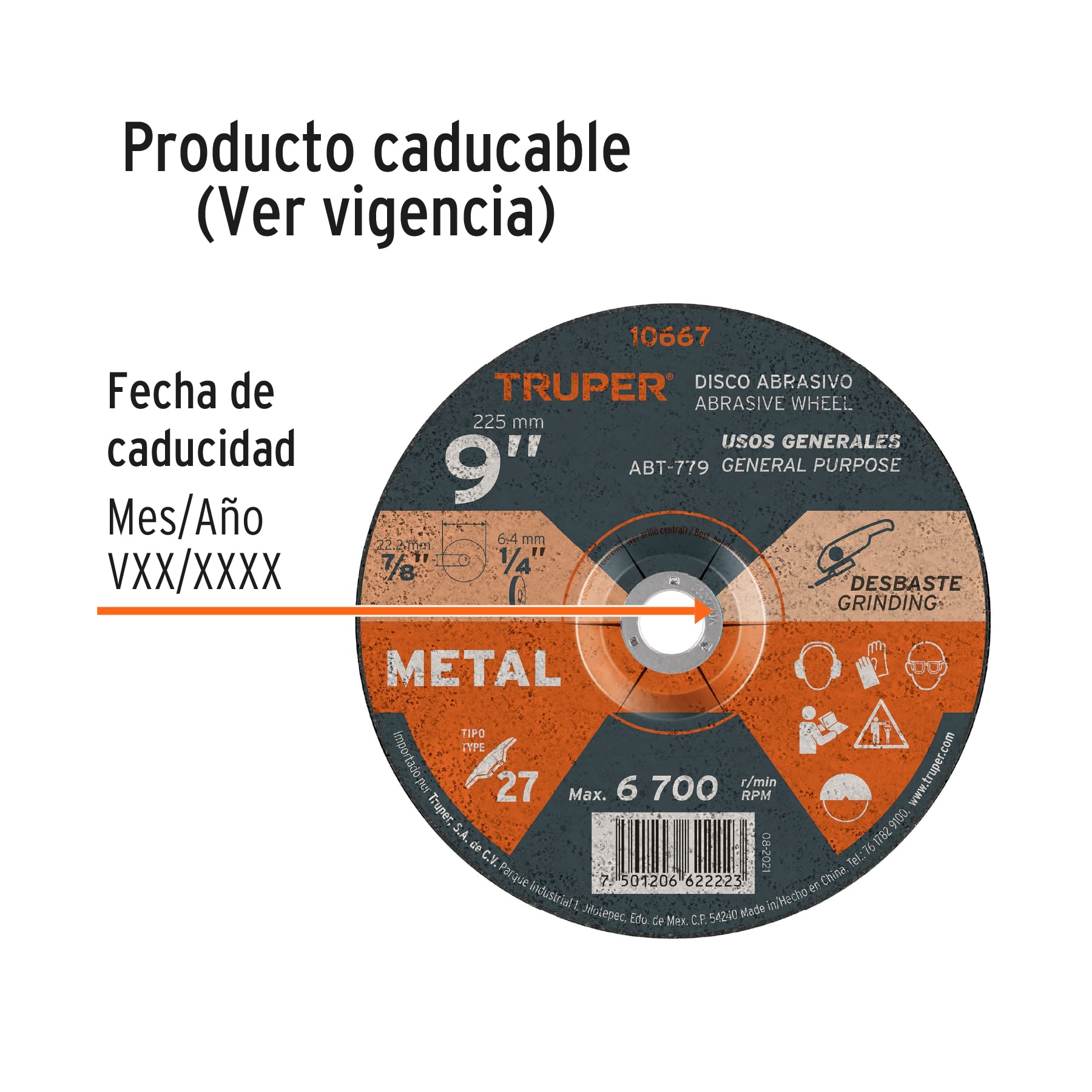 Disco Tipo 27 de 9" x 6.4 mm para desbaste de metal, TRUPER TRUPER
