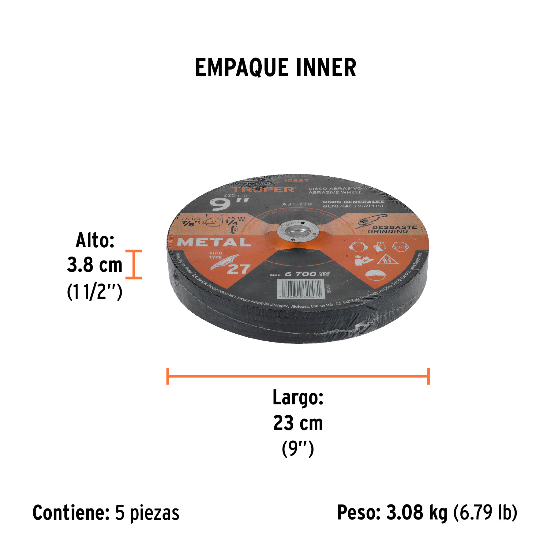 Disco Tipo 27 de 9" x 6.4 mm para desbaste de metal, TRUPER TRUPER