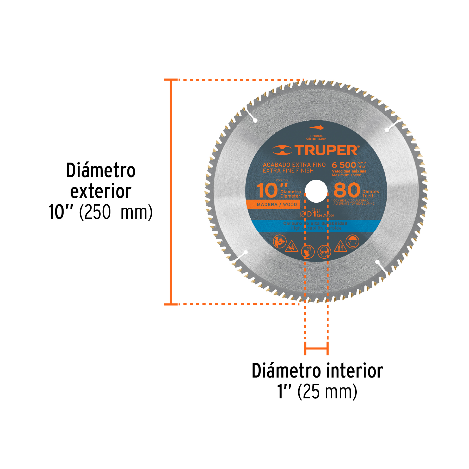 Disco sierra 10" para madera, 80 dientes centro 1", TRUPER TRUPER