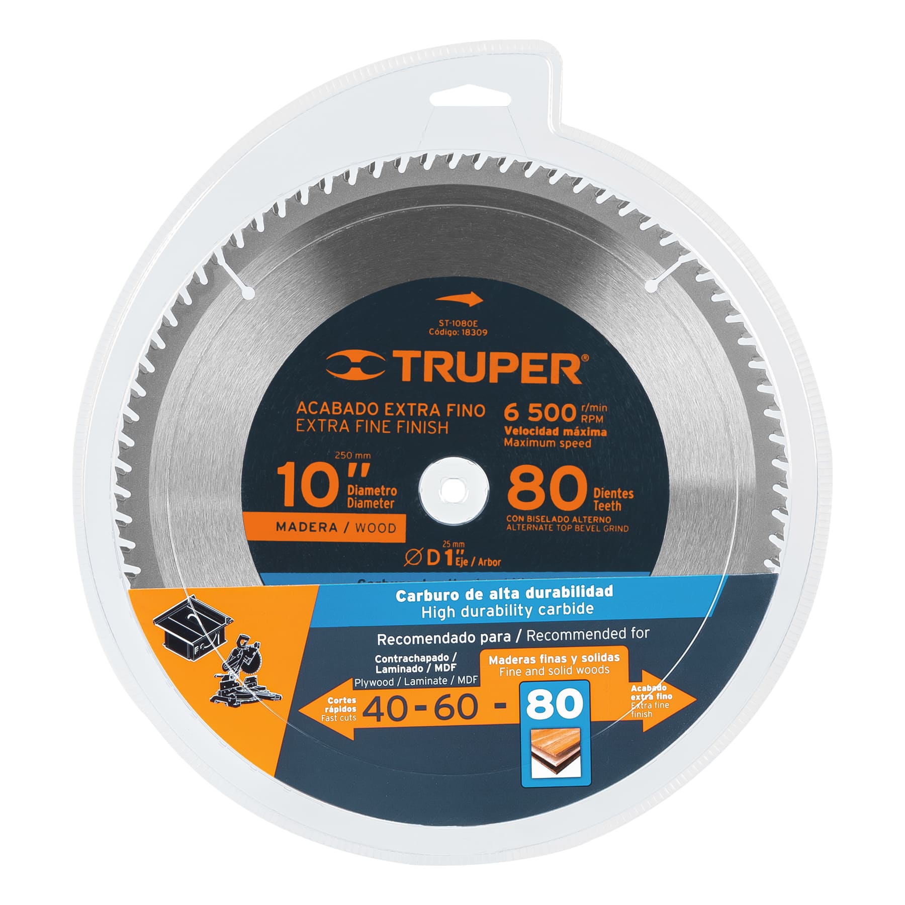 Disco sierra 10" para madera, 80 dientes centro 1", TRUPER TRUPER
