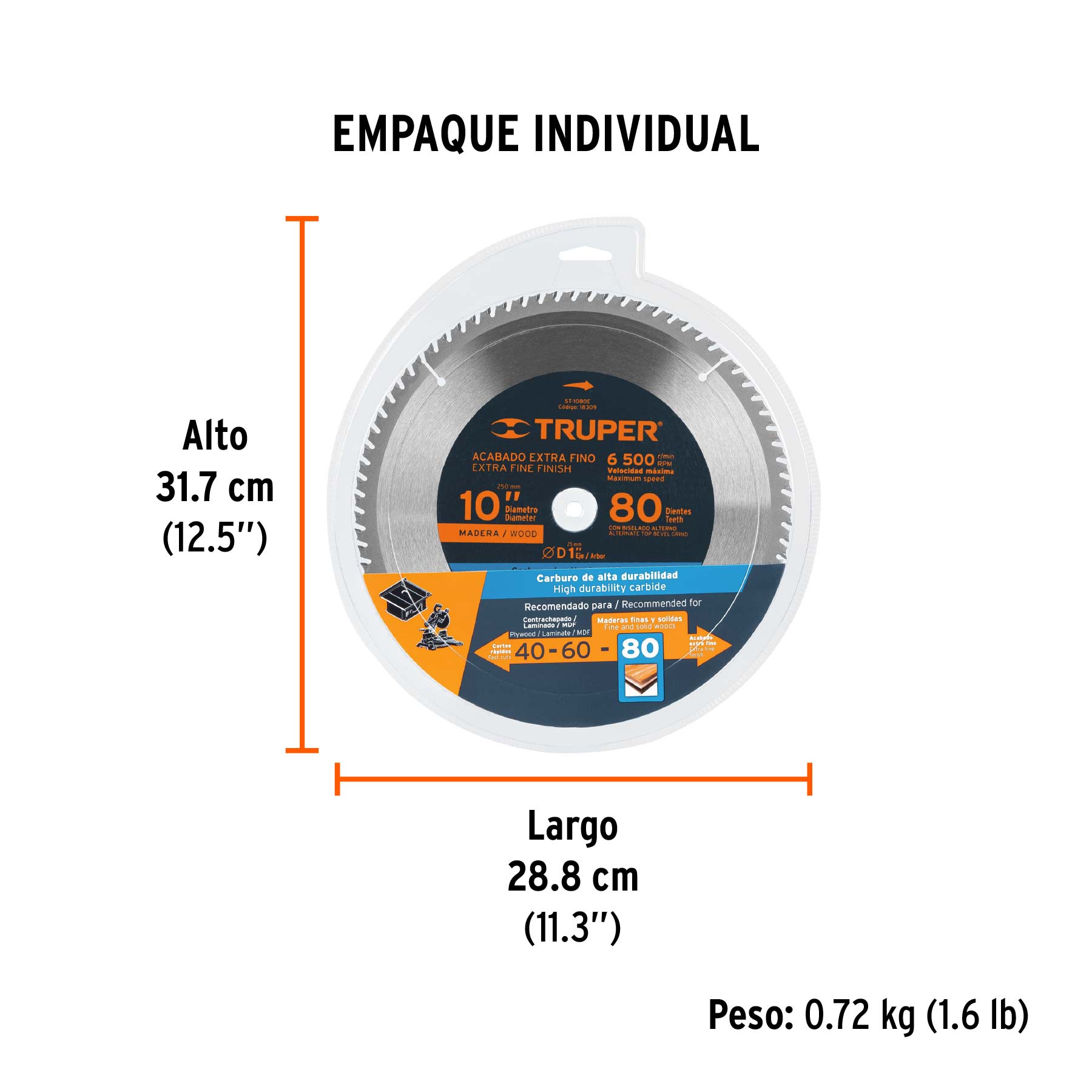 Disco sierra 10" para madera, 80 dientes centro 1", TRUPER TRUPER