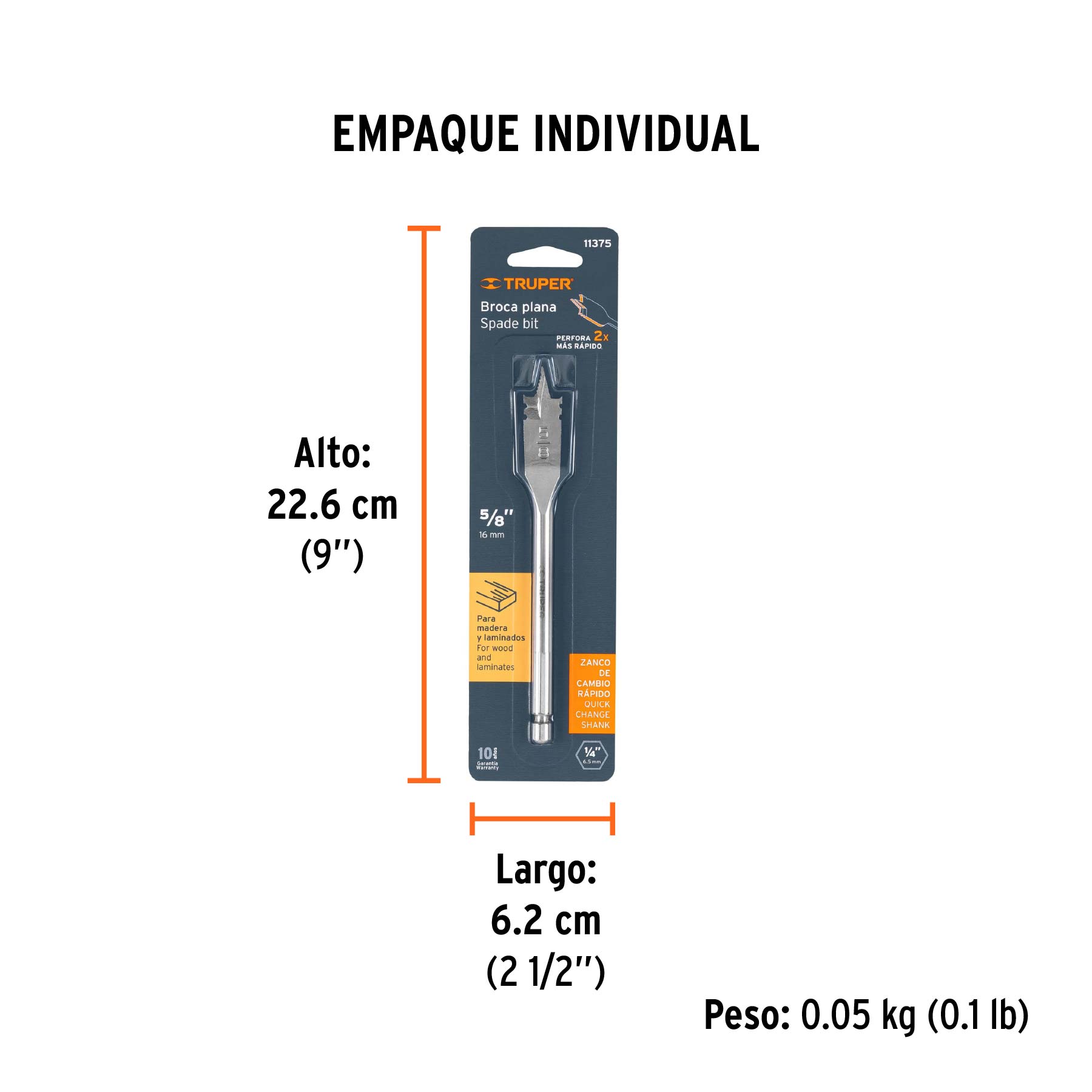Broca plana de manita 5/8" para madera, TRUPER TRUPER