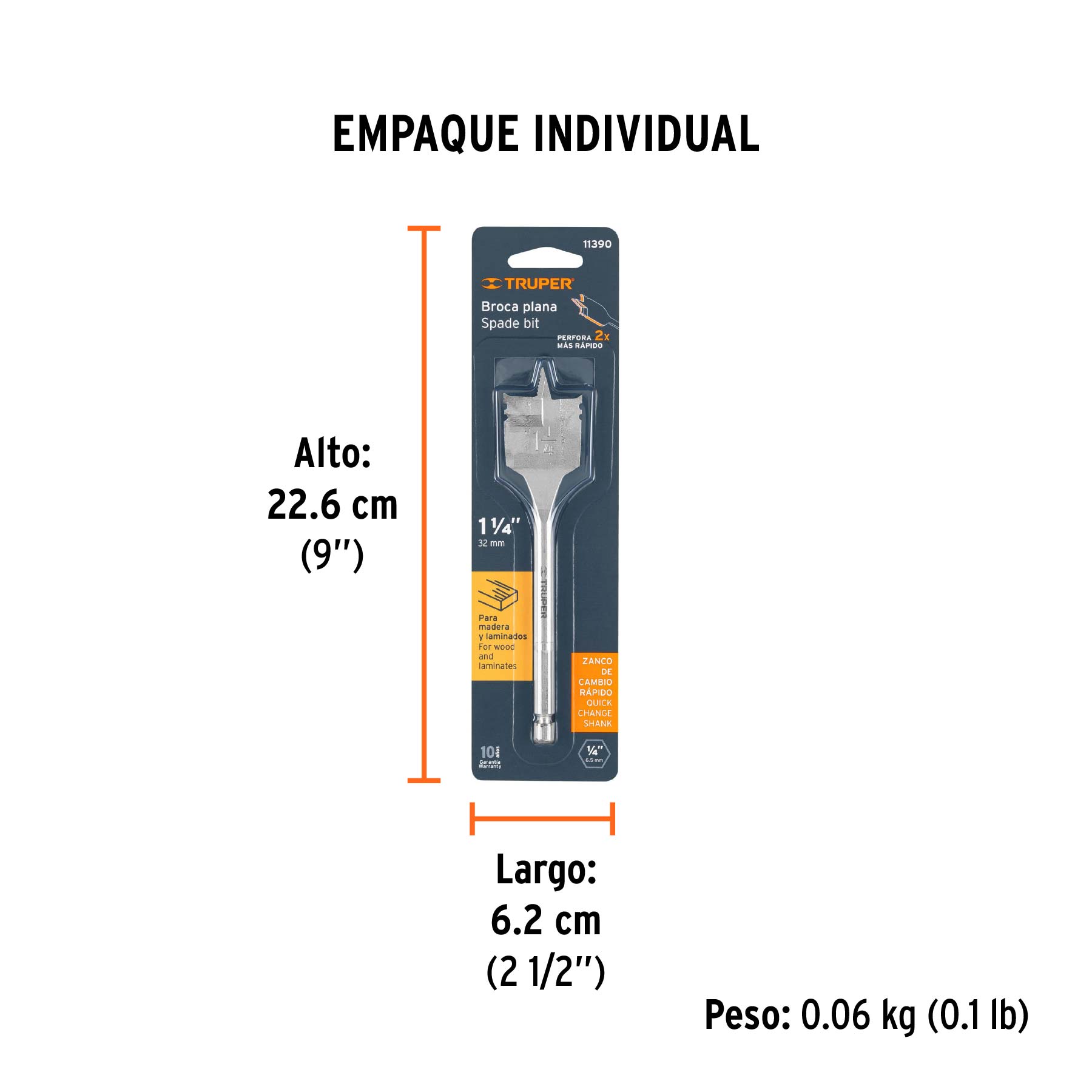 Broca plana de manita 1-1/4" para madera, TRUPER TRUPER
