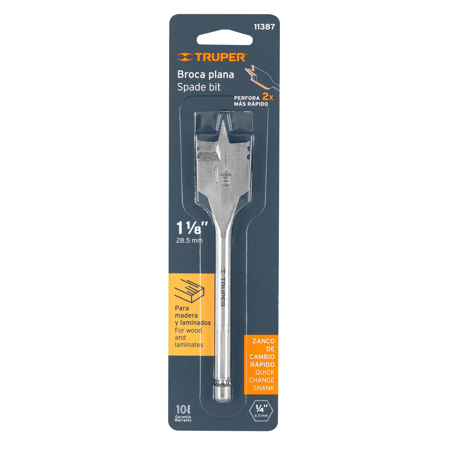 Broca plana de manita 1-1/8" para madera, TRUPER TRUPER
