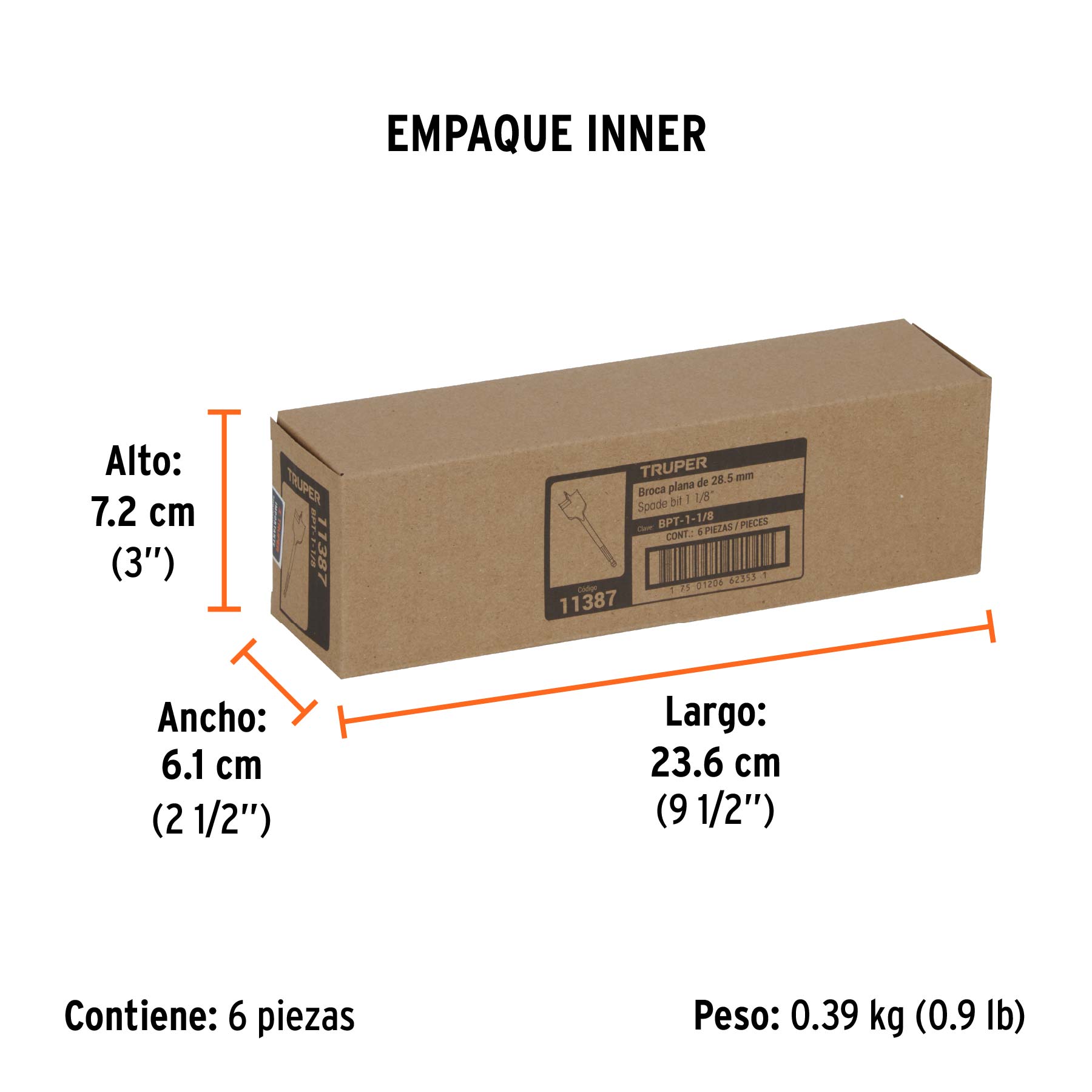 Broca plana de manita 1-1/8" para madera, TRUPER TRUPER